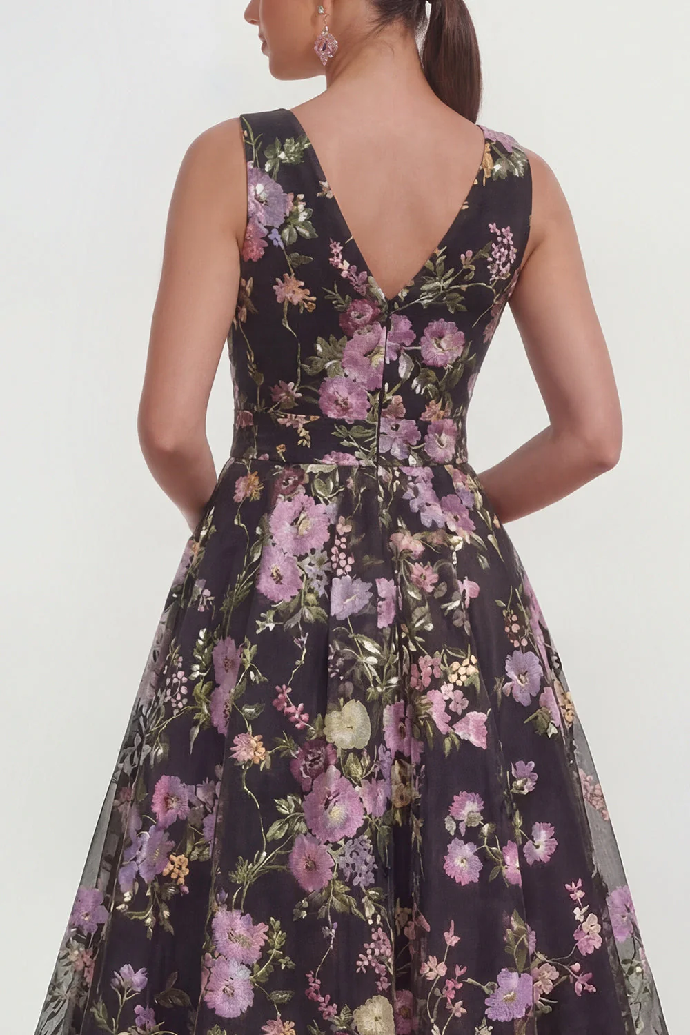 Black V-Neck Midi A Line Floral Dress with Bow - Image 4