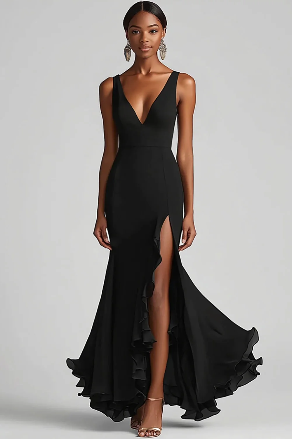 Black V Neck Ruffled Mermaid Evening Dress with Slit