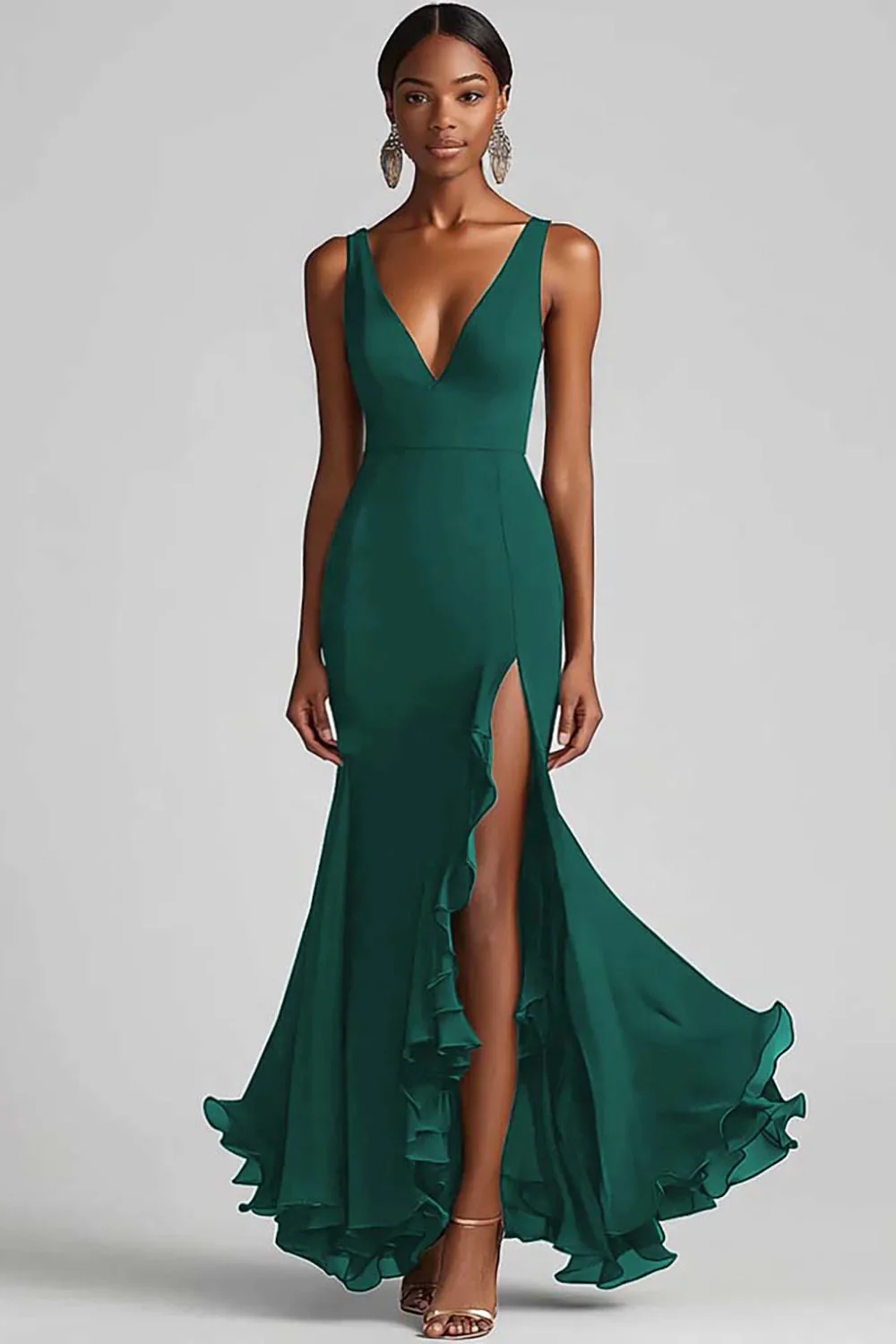 Black V Neck Ruffled Mermaid Evening Dress with Slit - Image 2