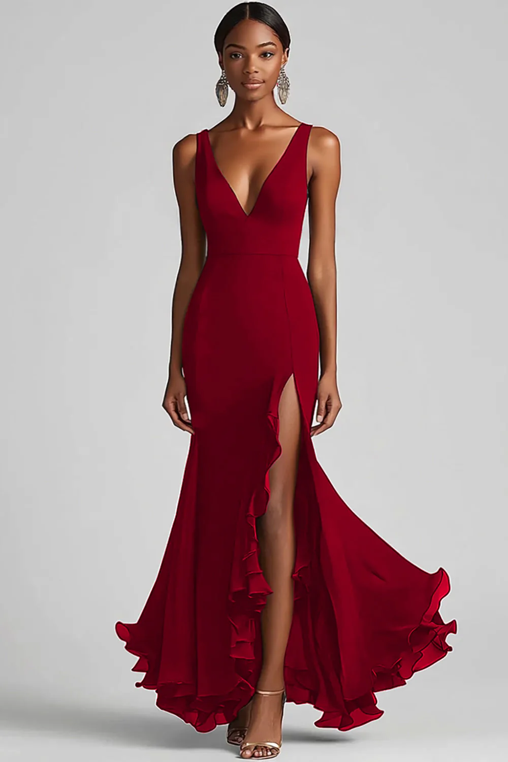 Black V Neck Ruffled Mermaid Evening Dress with Slit - Image 3