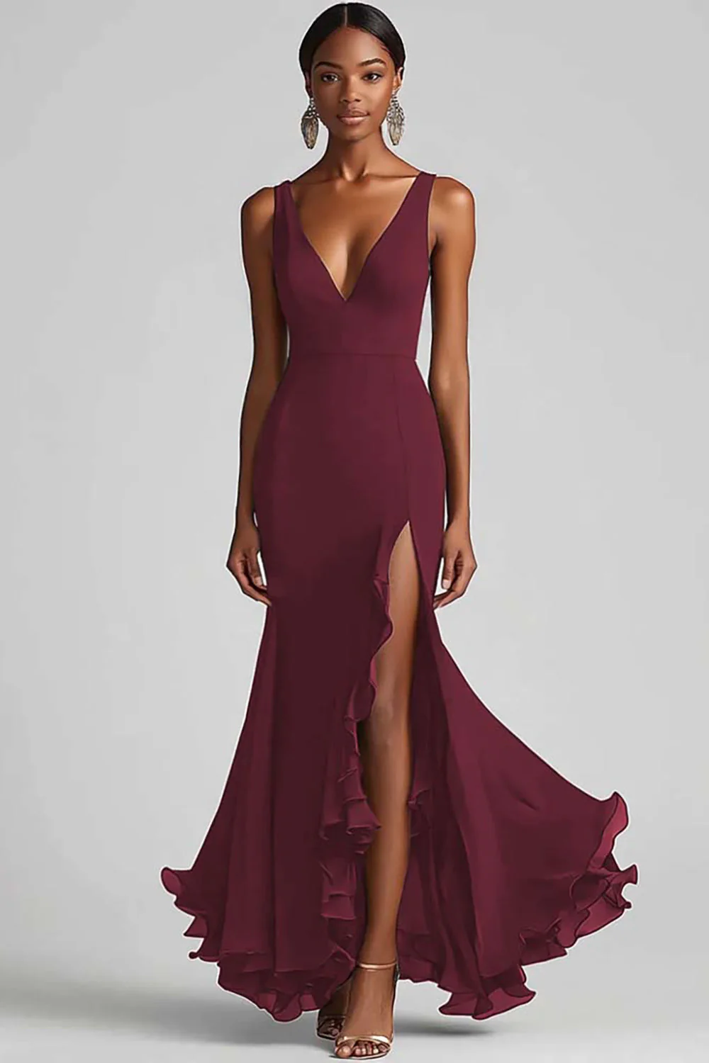 Black V Neck Ruffled Mermaid Evening Dress with Slit - Image 4
