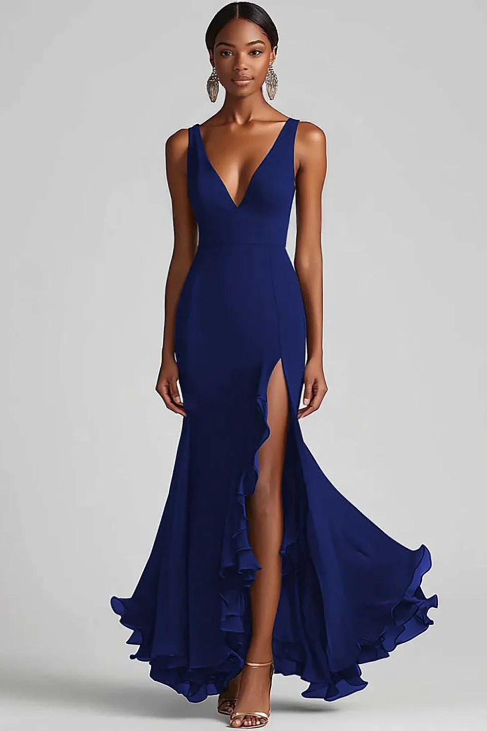 Black V Neck Ruffled Mermaid Evening Dress with Slit - Image 5