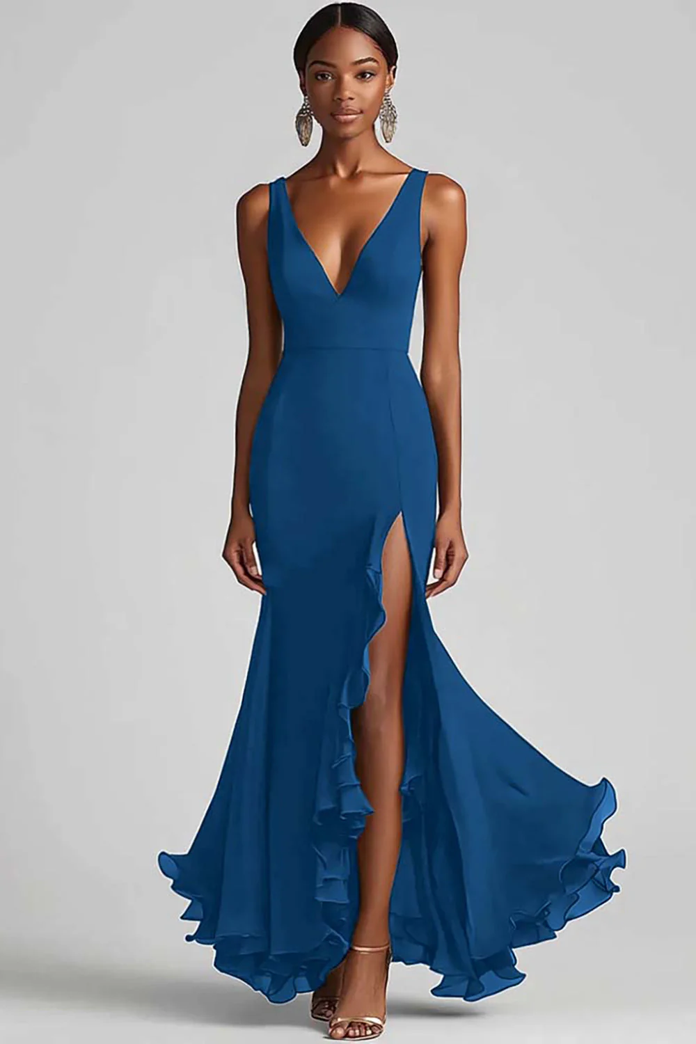 Black V Neck Ruffled Mermaid Evening Dress with Slit - Image 6