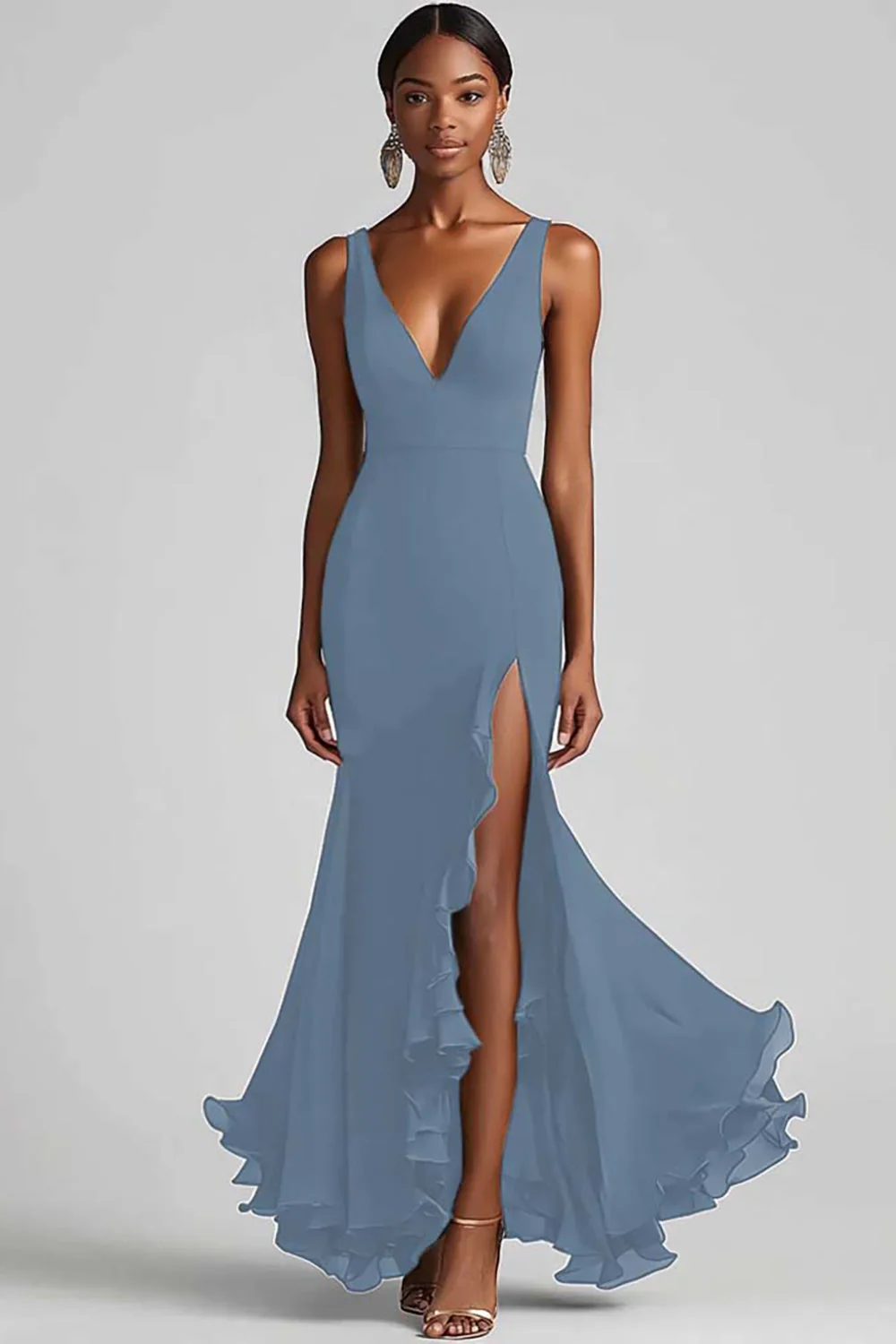 Black V Neck Ruffled Mermaid Evening Dress with Slit - Image 7