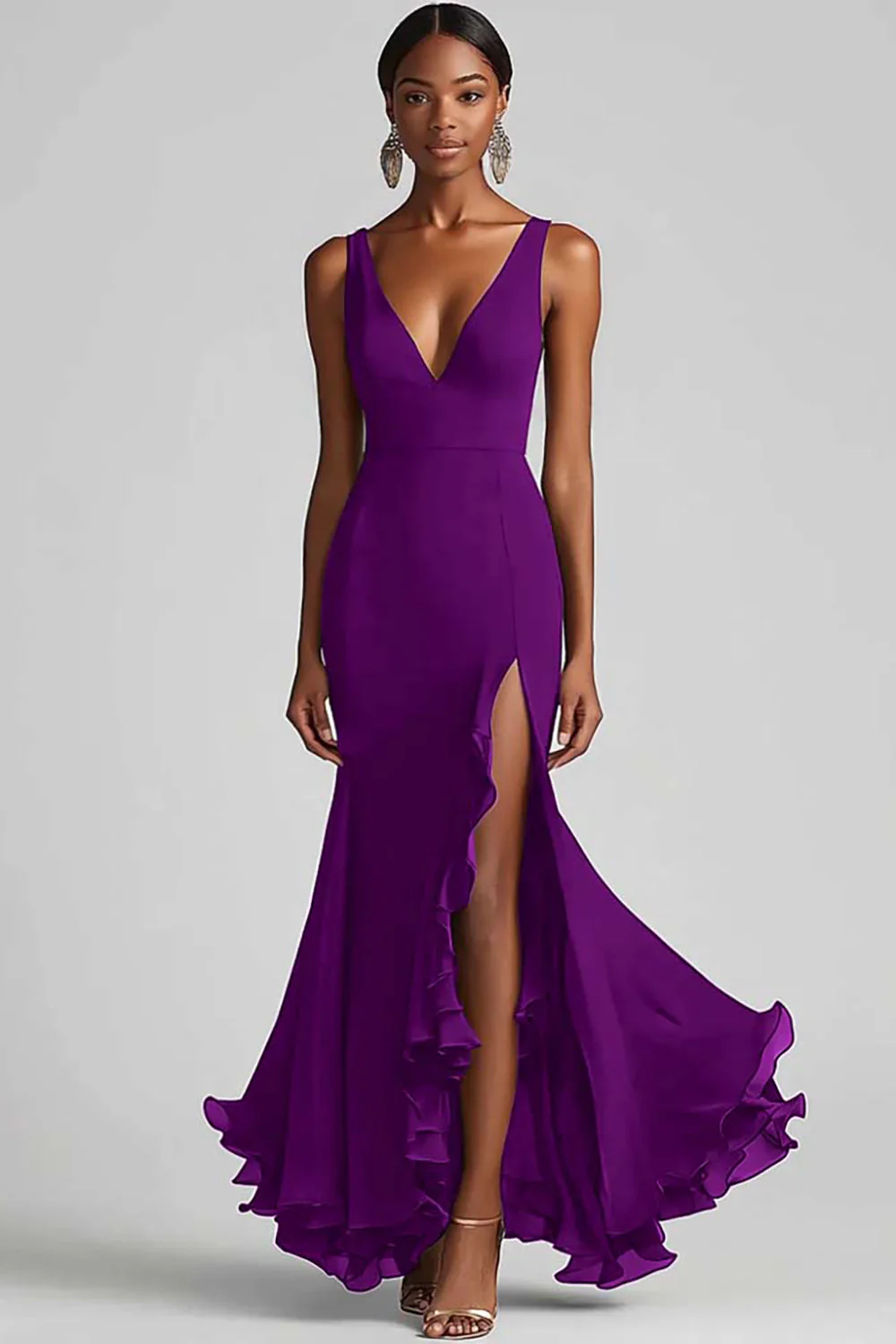 Black V Neck Ruffled Mermaid Evening Dress with Slit - Image 8