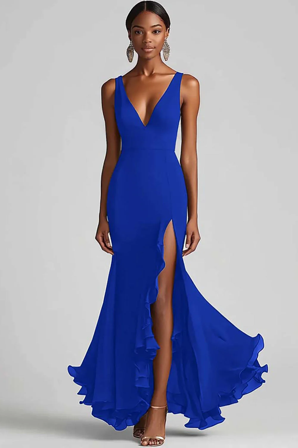 Black V Neck Ruffled Mermaid Evening Dress with Slit - Image 9