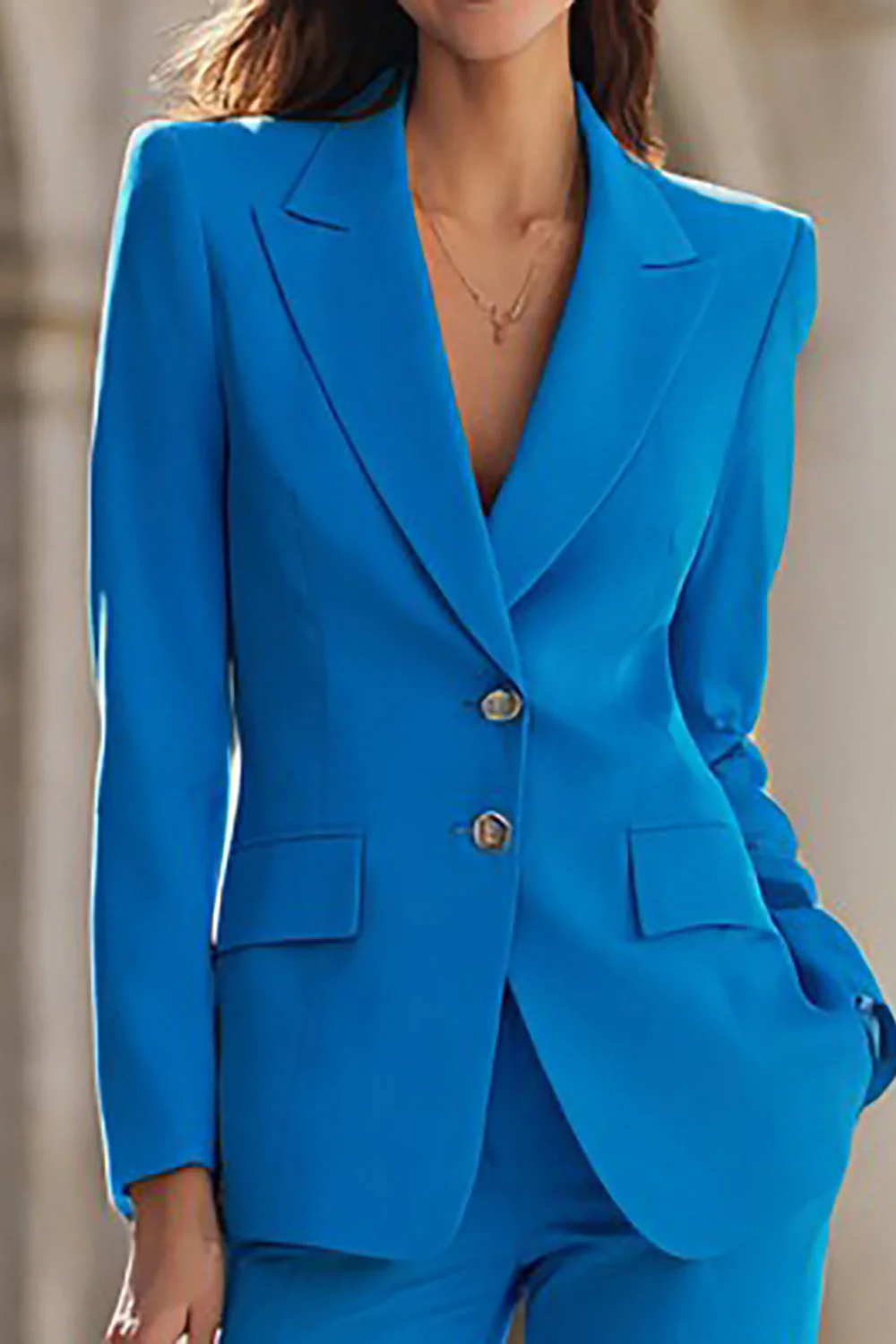 Blue 2 Piece Peak Lapel Single Breasted Women's Suits - Image 3