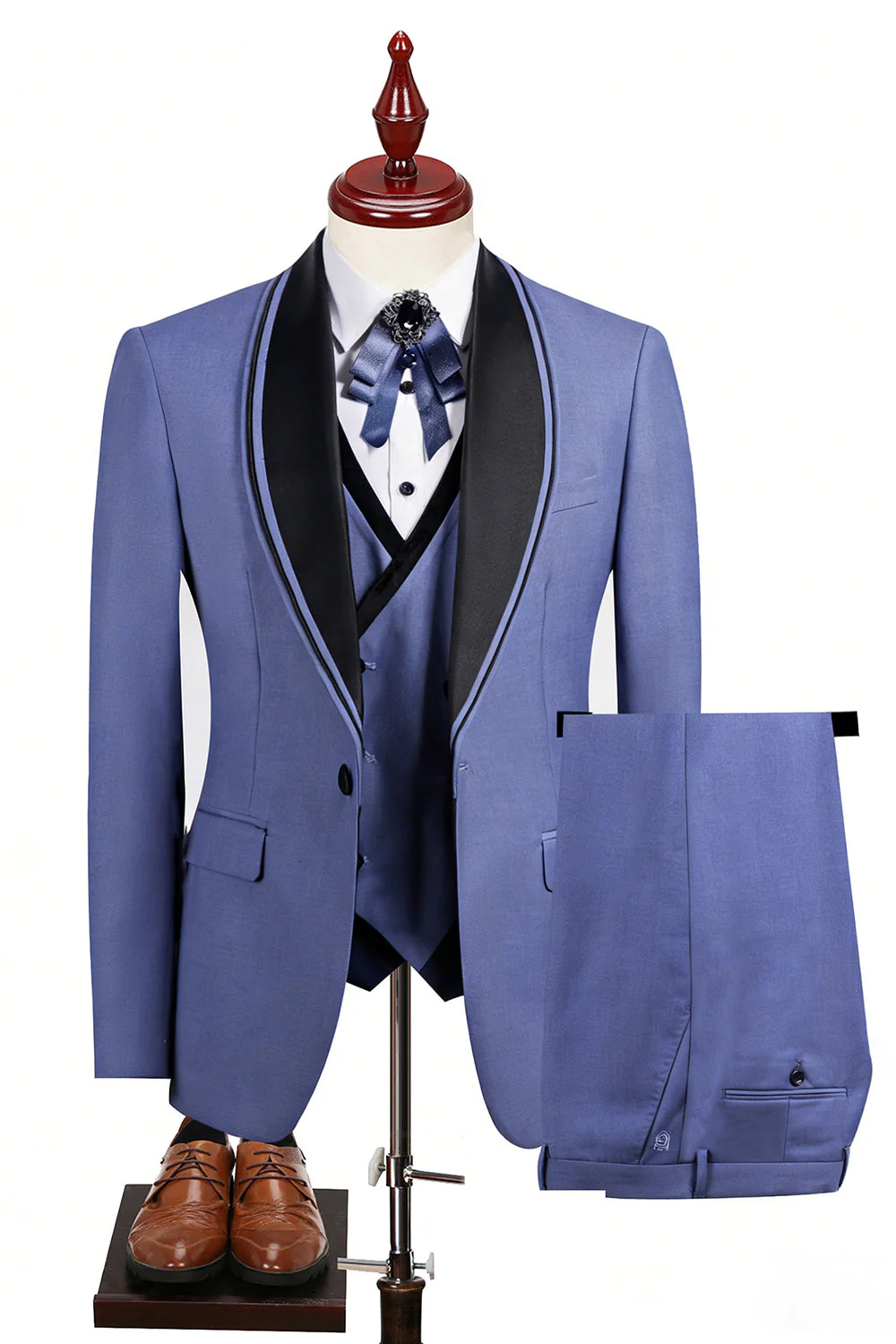 Blue 3 Piece Shawl Lapel One Button Men's Business Suits - Image 7