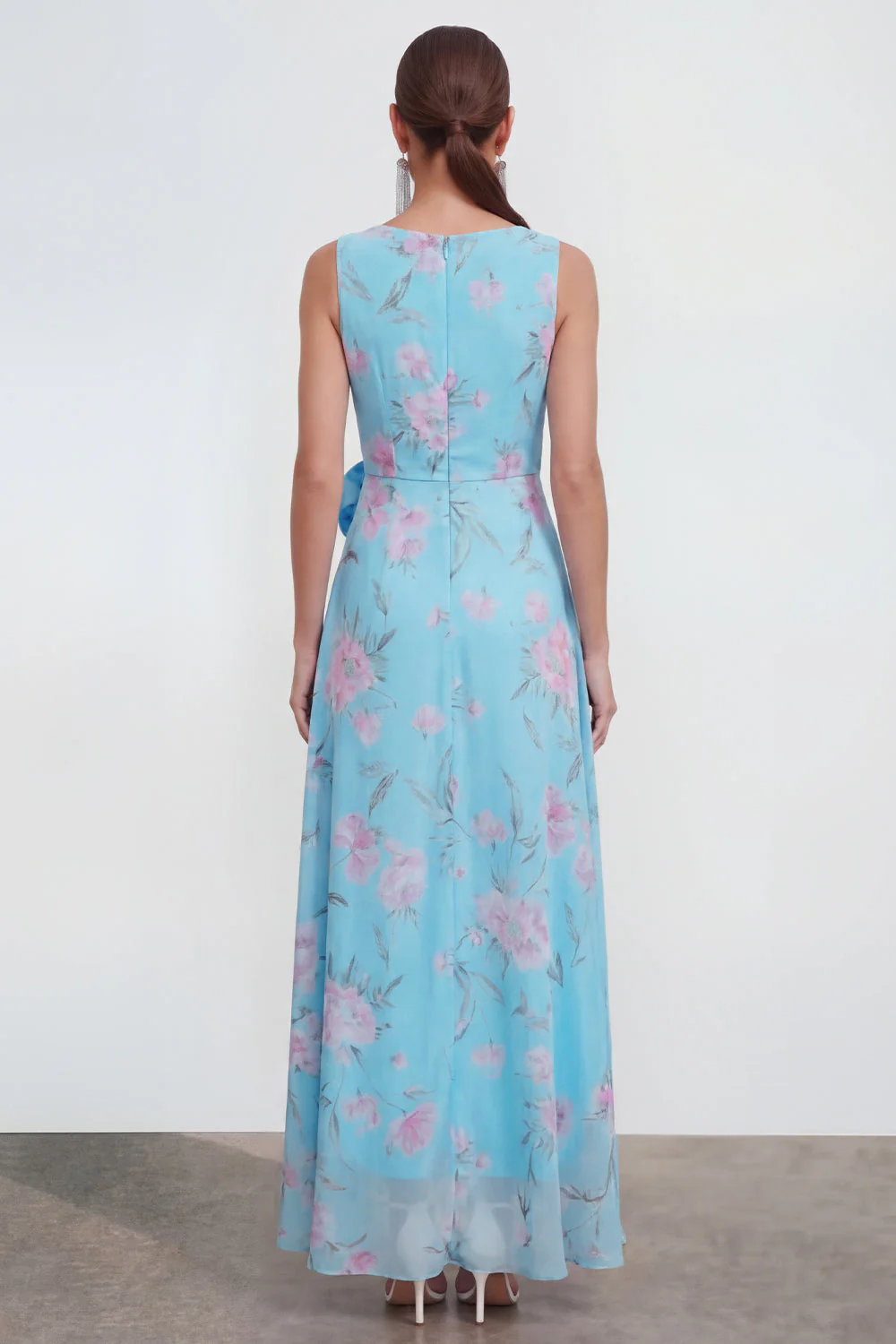 Blue A-Line 3D Flower Printed Long Chiffon Dress with Ruffle Slit - Image 2