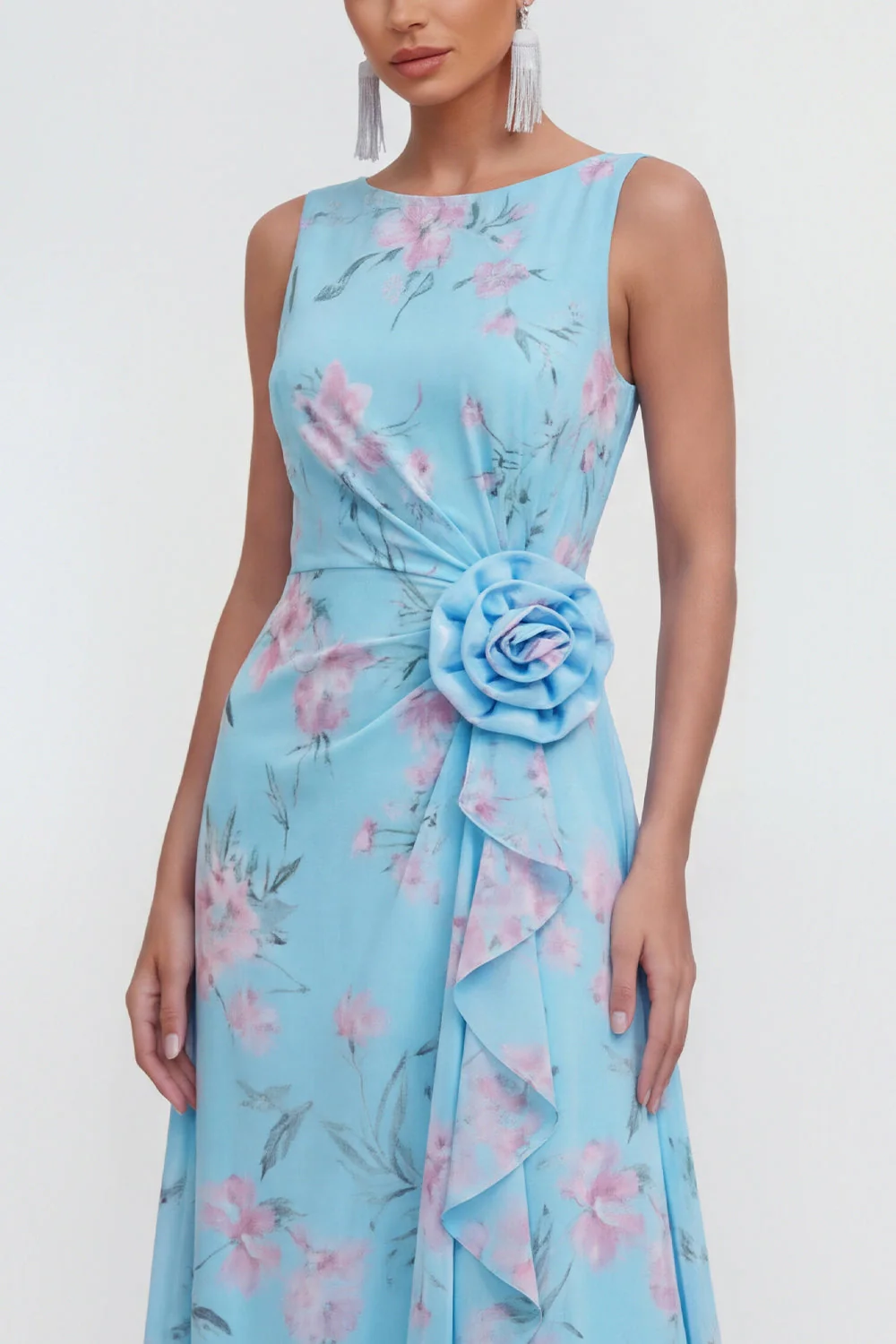 Blue A-Line 3D Flower Printed Long Chiffon Dress with Ruffle Slit - Image 3