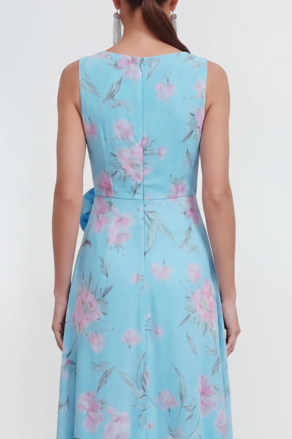 Blue A-Line 3D Flower Printed Long Chiffon Dress with Ruffle Slit - Image 4