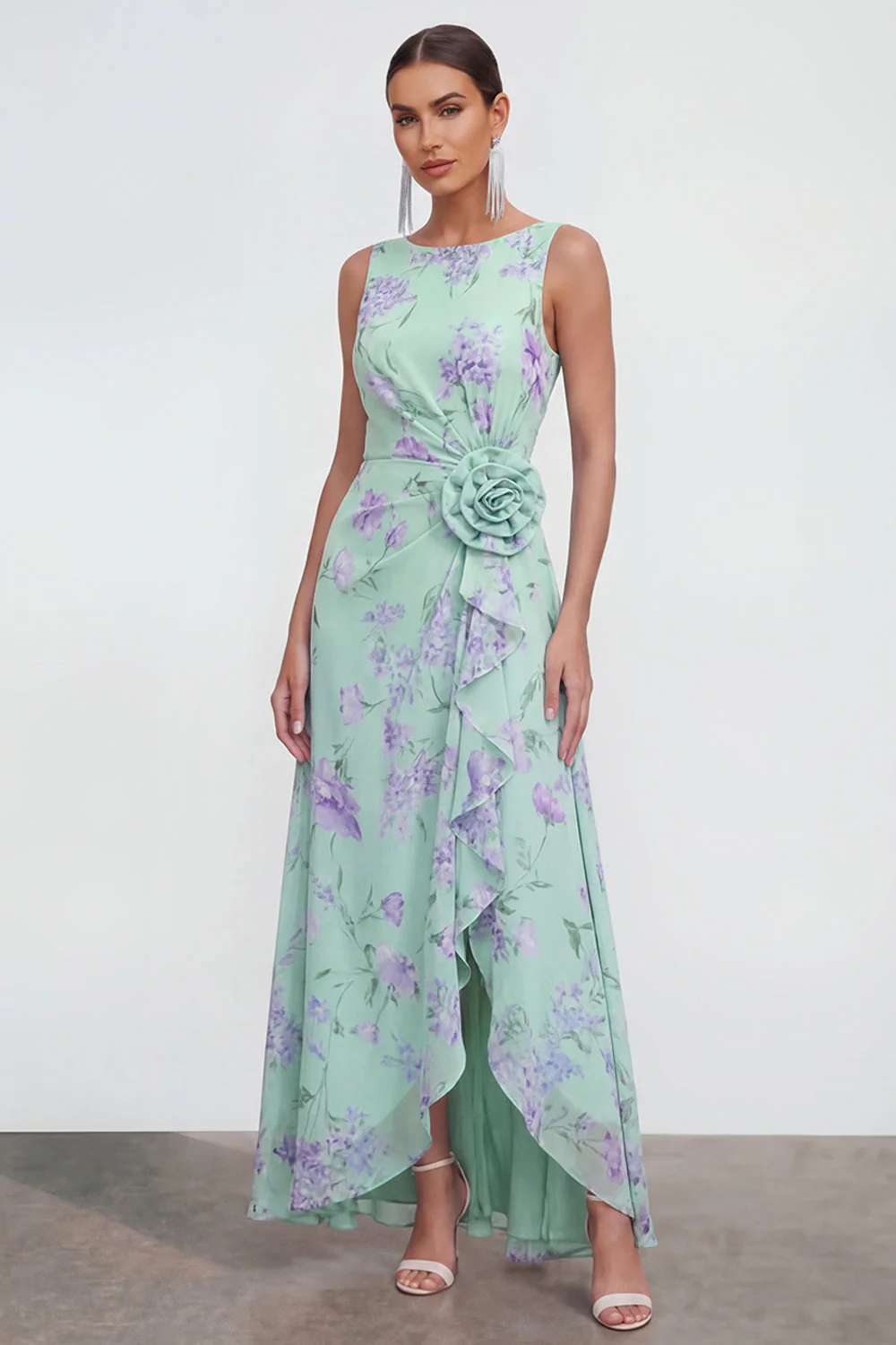 Blue A-Line 3D Flower Printed Long Chiffon Dress with Ruffle Slit - Image 5