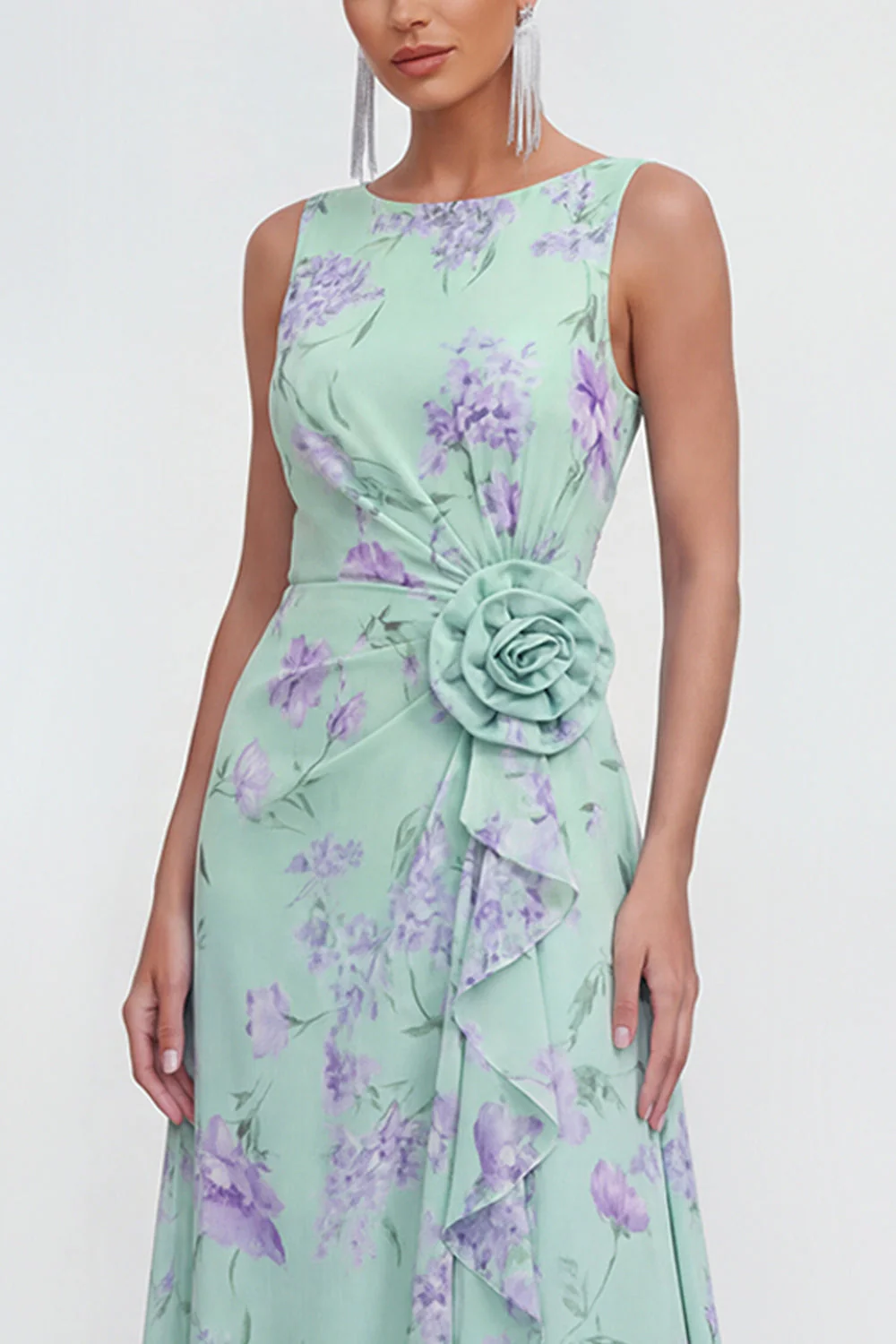 Blue A-Line 3D Flower Printed Long Chiffon Dress with Ruffle Slit - Image 7