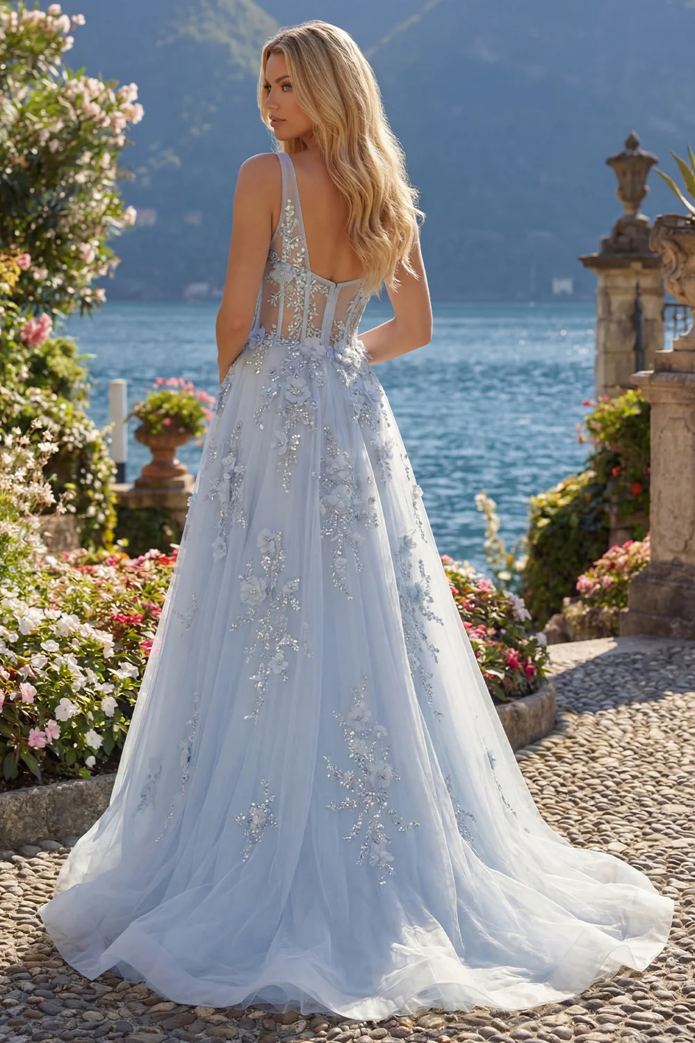 Blue A Line 3D Flowers Sheer Corset Long Prom Dress with Slit - Image 2