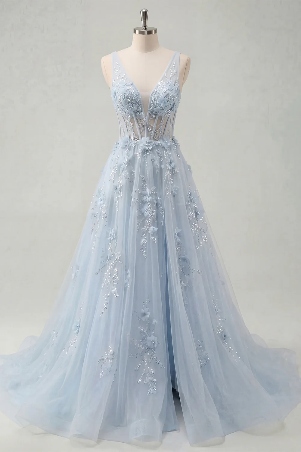 Blue A Line 3D Flowers Sheer Corset Long Prom Dress with Slit - Image 3