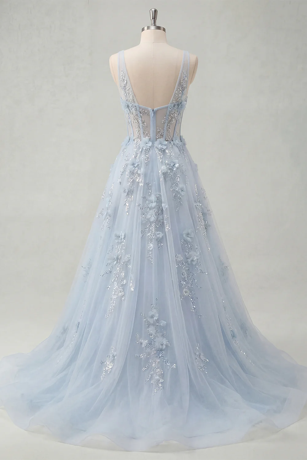 Blue A Line 3D Flowers Sheer Corset Long Prom Dress with Slit - Image 4