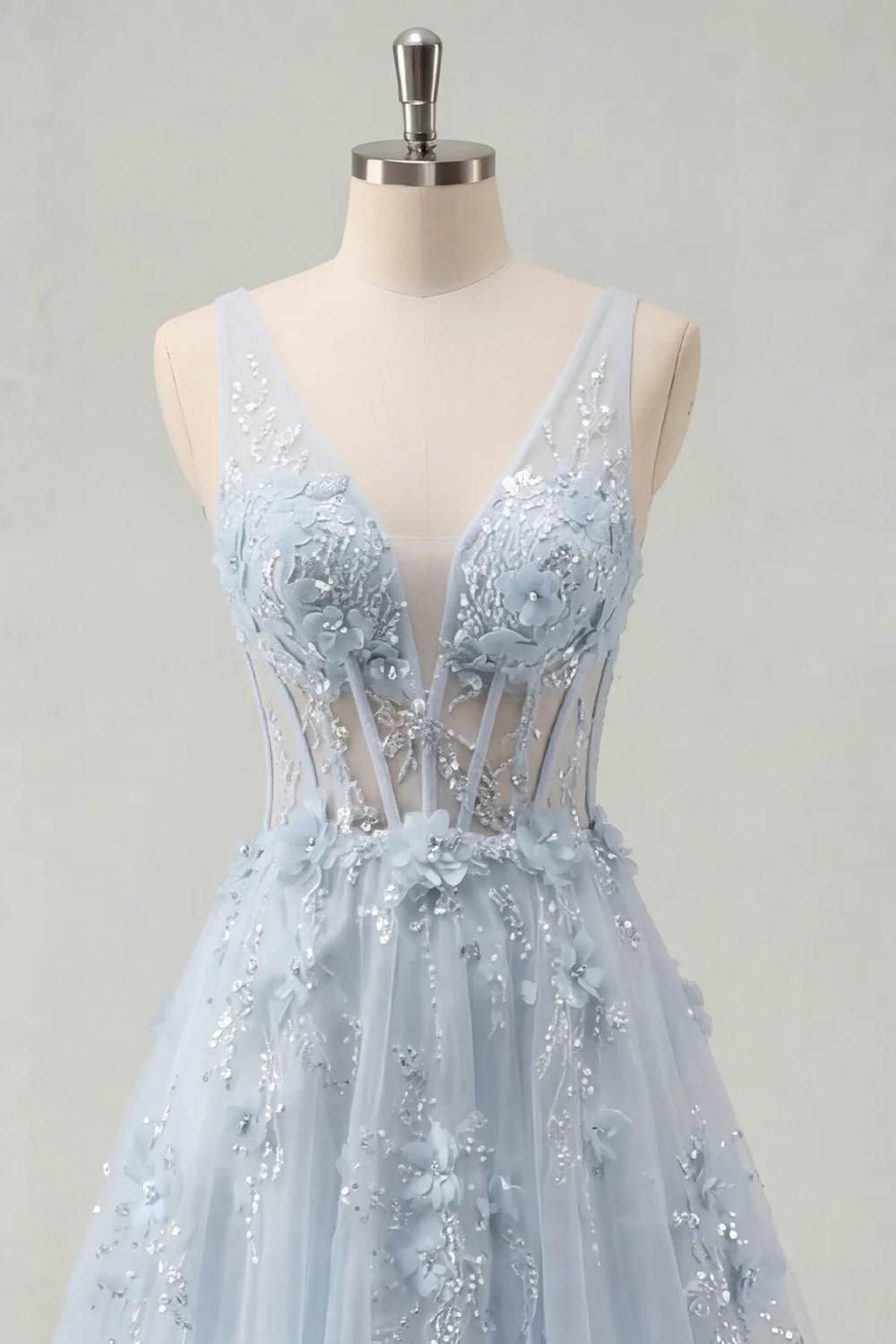 Blue A Line 3D Flowers Sheer Corset Long Prom Dress with Slit - Image 5