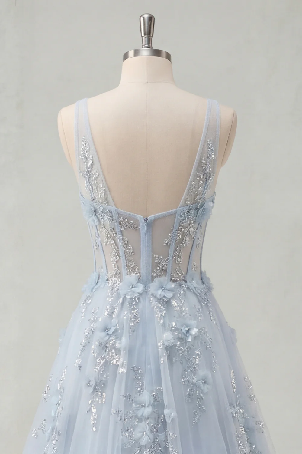 Blue A Line 3D Flowers Sheer Corset Long Prom Dress with Slit - Image 6