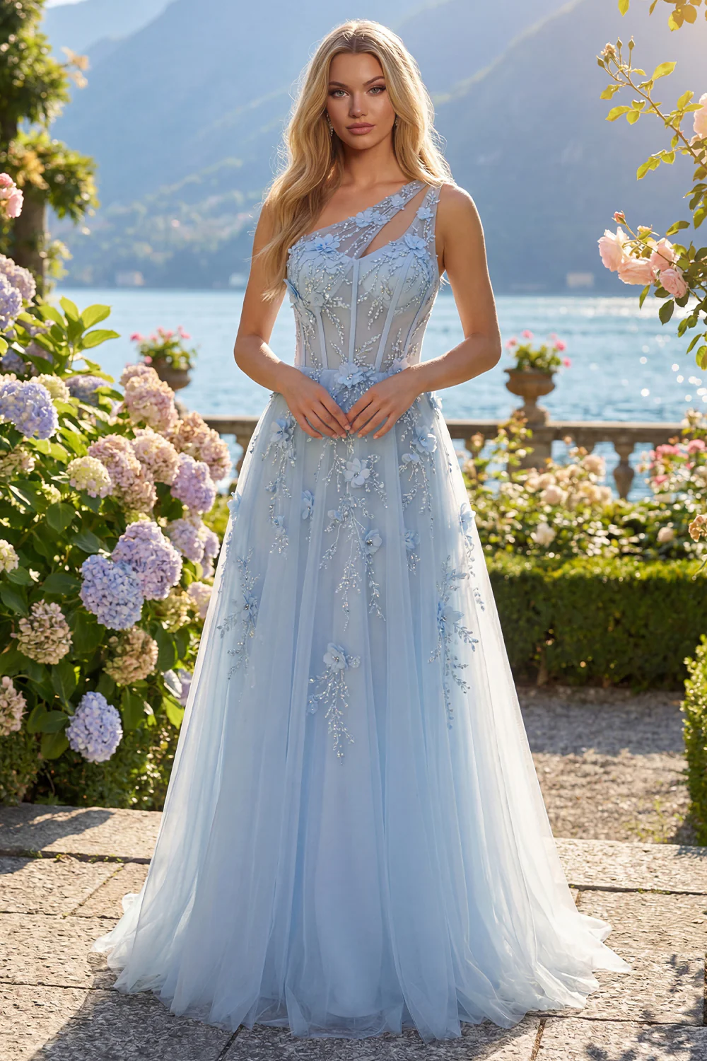 Blue A Line Corset One Shoulder Cut Out Long Prom Dress with 3D Flowers