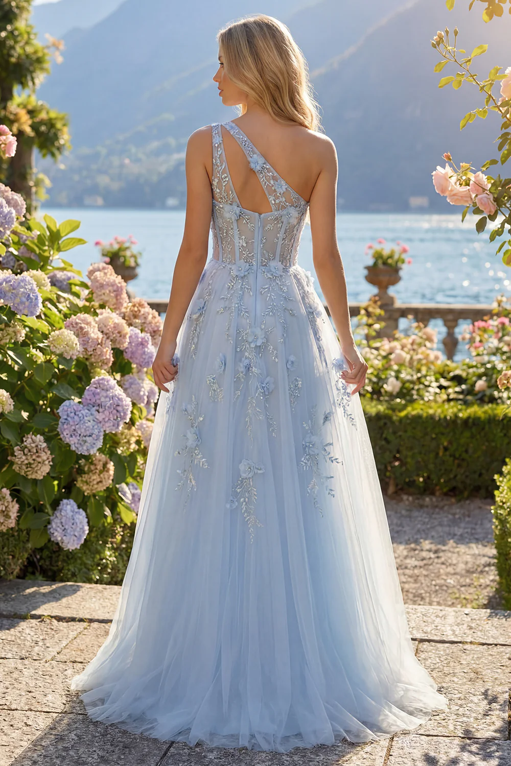Blue A Line Corset One Shoulder Cut Out Long Prom Dress with 3D Flowers - Image 2
