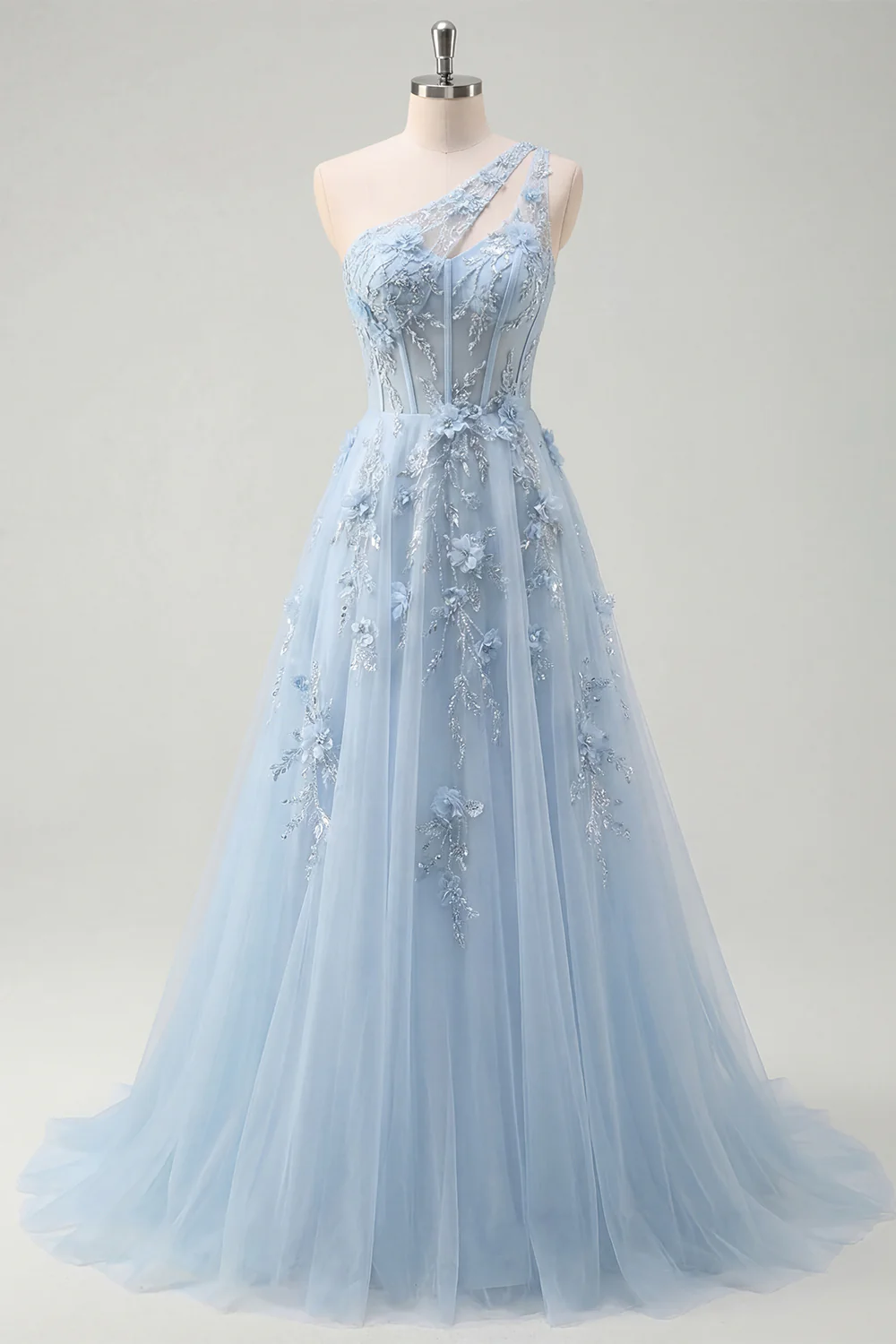 Blue A Line Corset One Shoulder Cut Out Long Prom Dress with 3D Flowers - Image 3