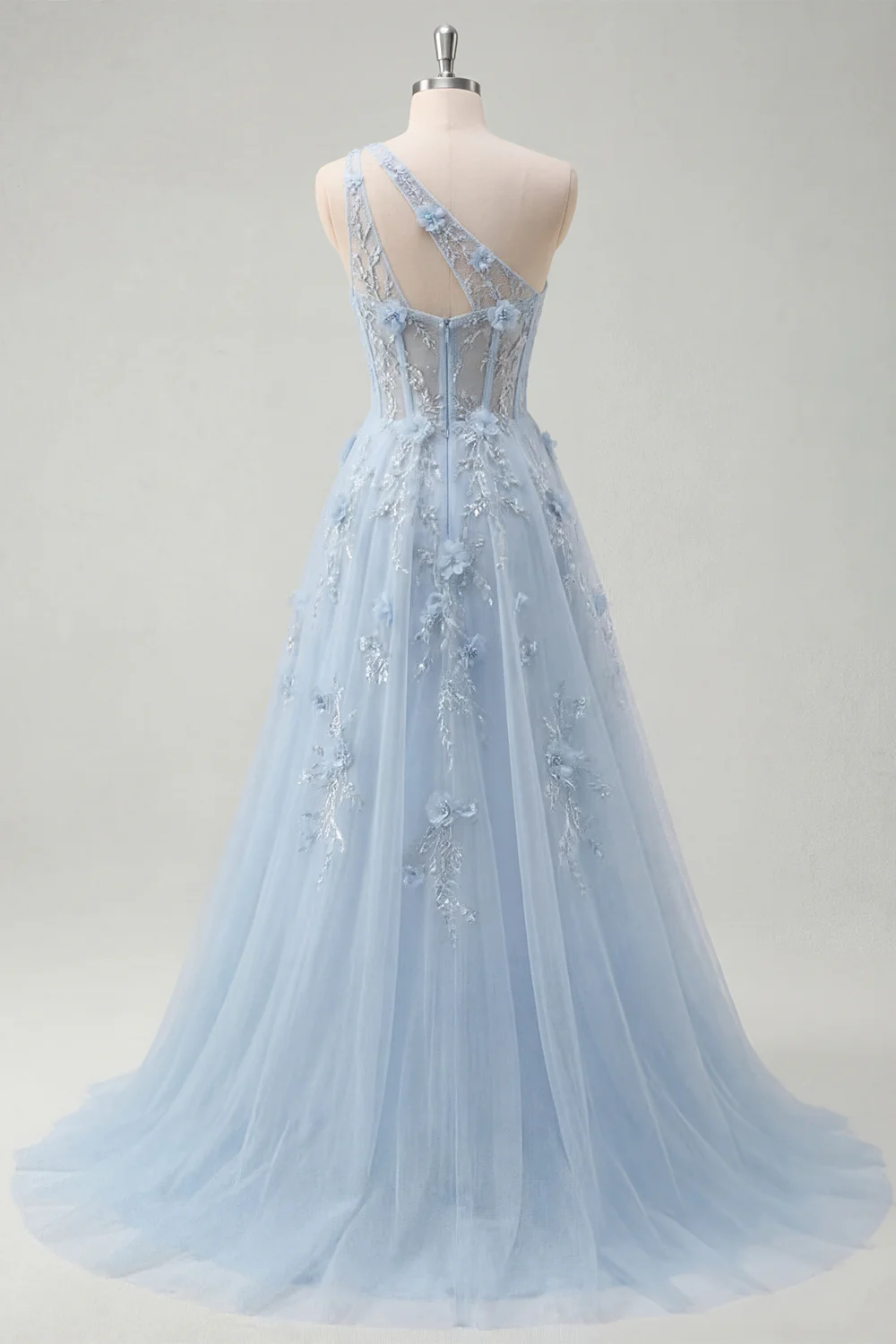 Blue A Line Corset One Shoulder Cut Out Long Prom Dress with 3D Flowers - Image 4
