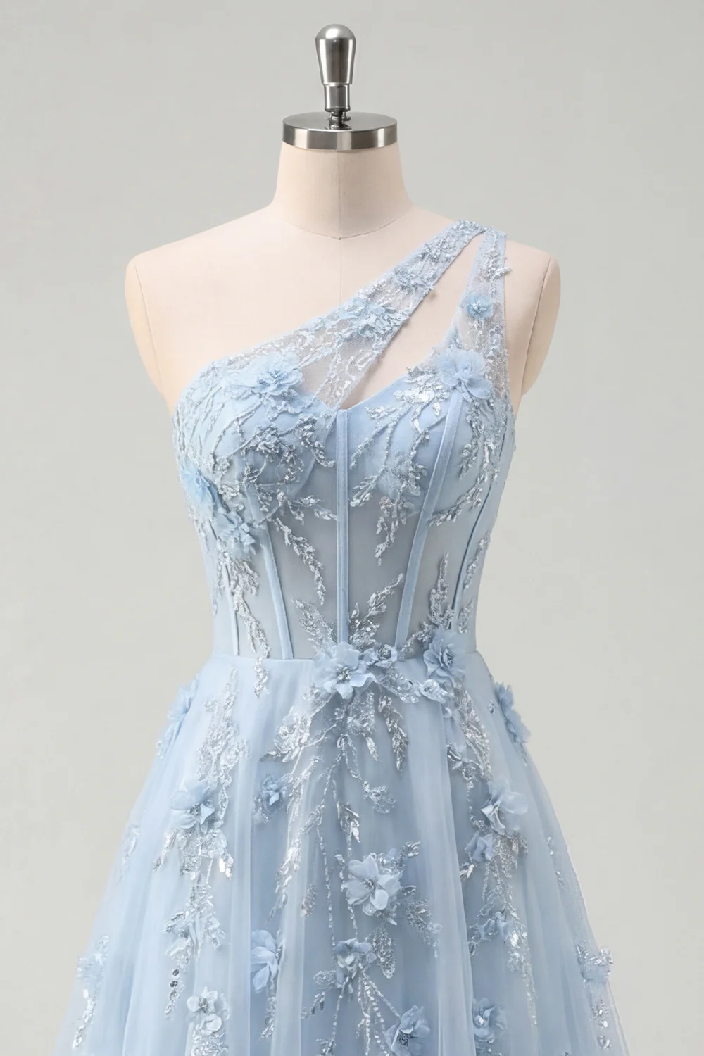 Blue A Line Corset One Shoulder Cut Out Long Prom Dress with 3D Flowers - Image 5