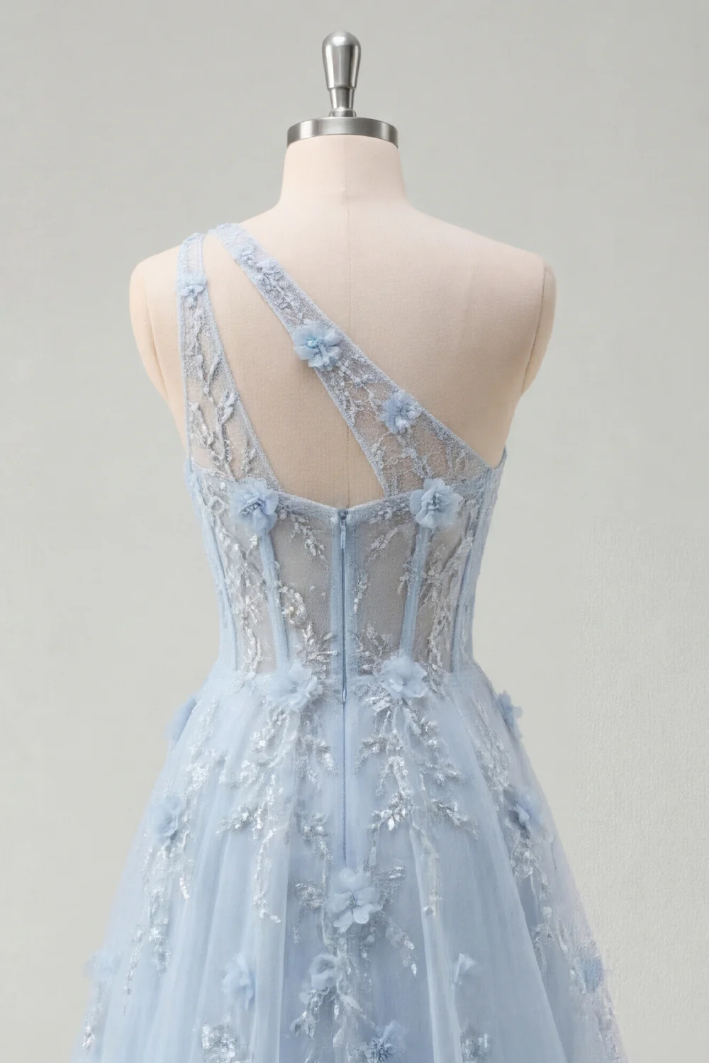 Blue A Line Corset One Shoulder Cut Out Long Prom Dress with 3D Flowers - Image 6