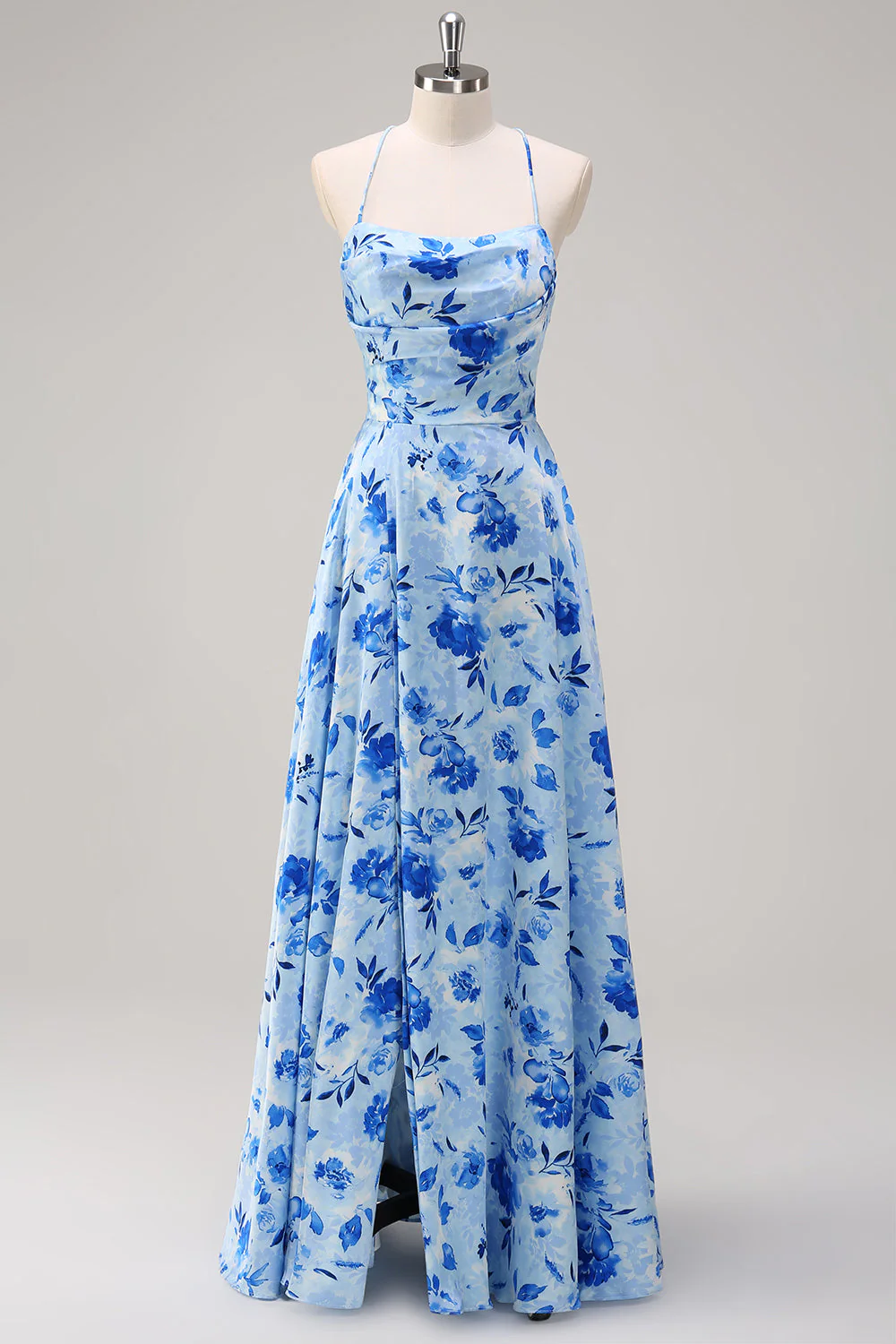 Blue A Line Floral Spaghetti Straps Long Bridesmaid Dress with Slit