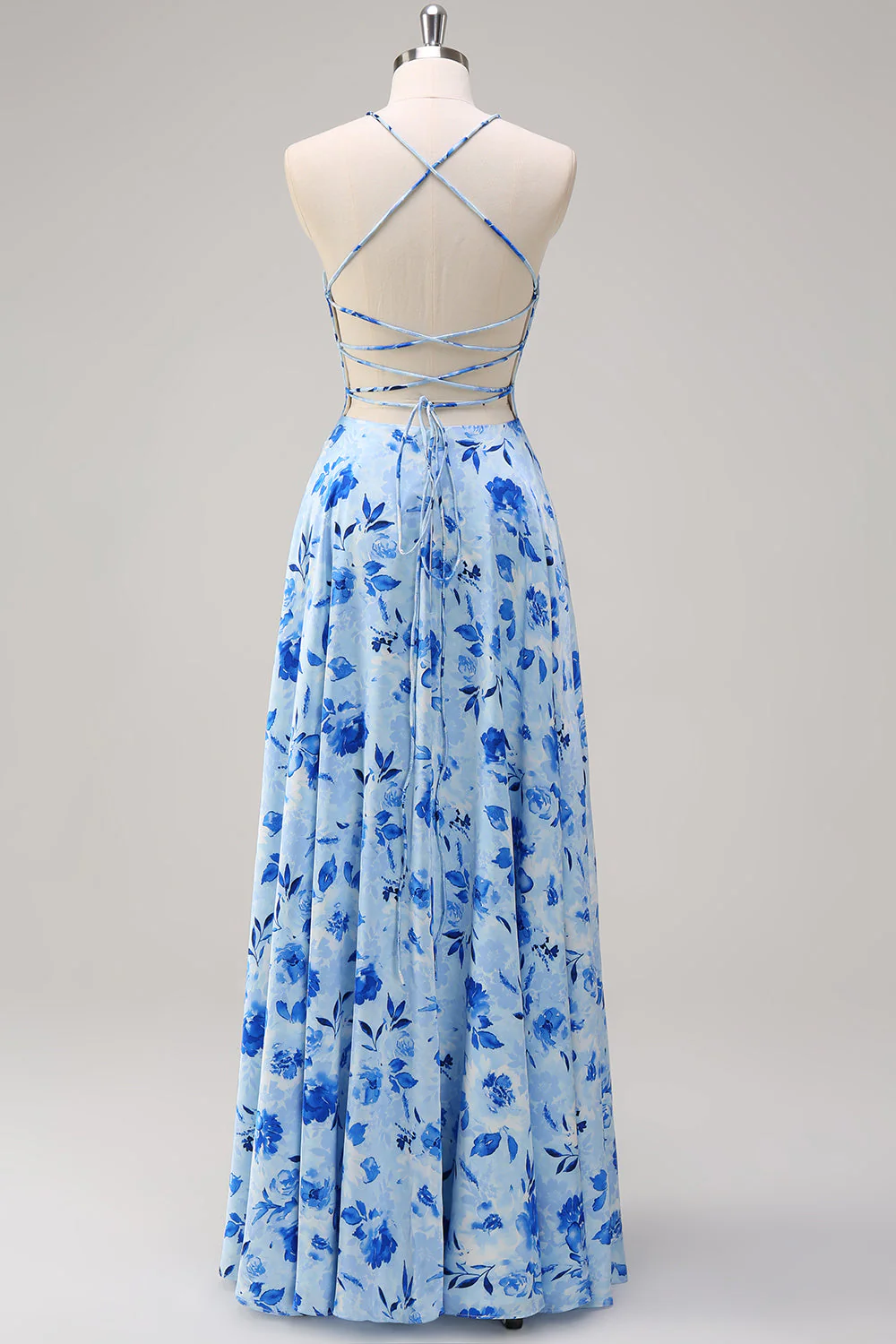 Blue A Line Floral Spaghetti Straps Long Bridesmaid Dress with Slit - Image 2