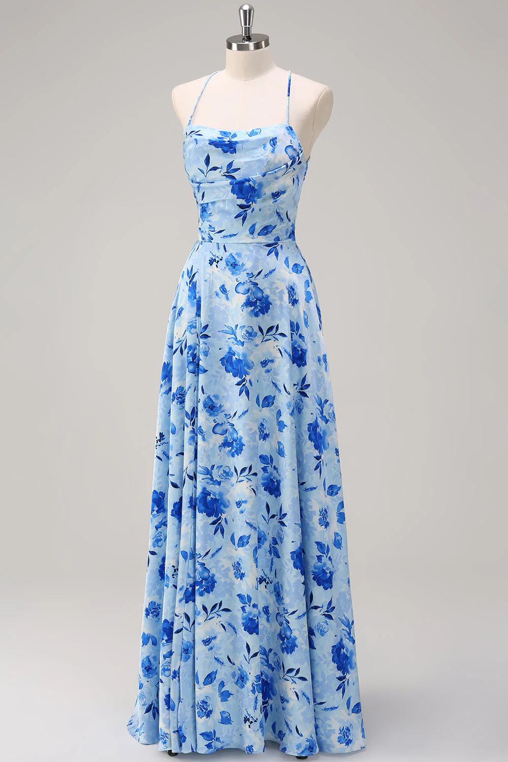 Blue A Line Floral Spaghetti Straps Long Bridesmaid Dress with Slit - Image 4