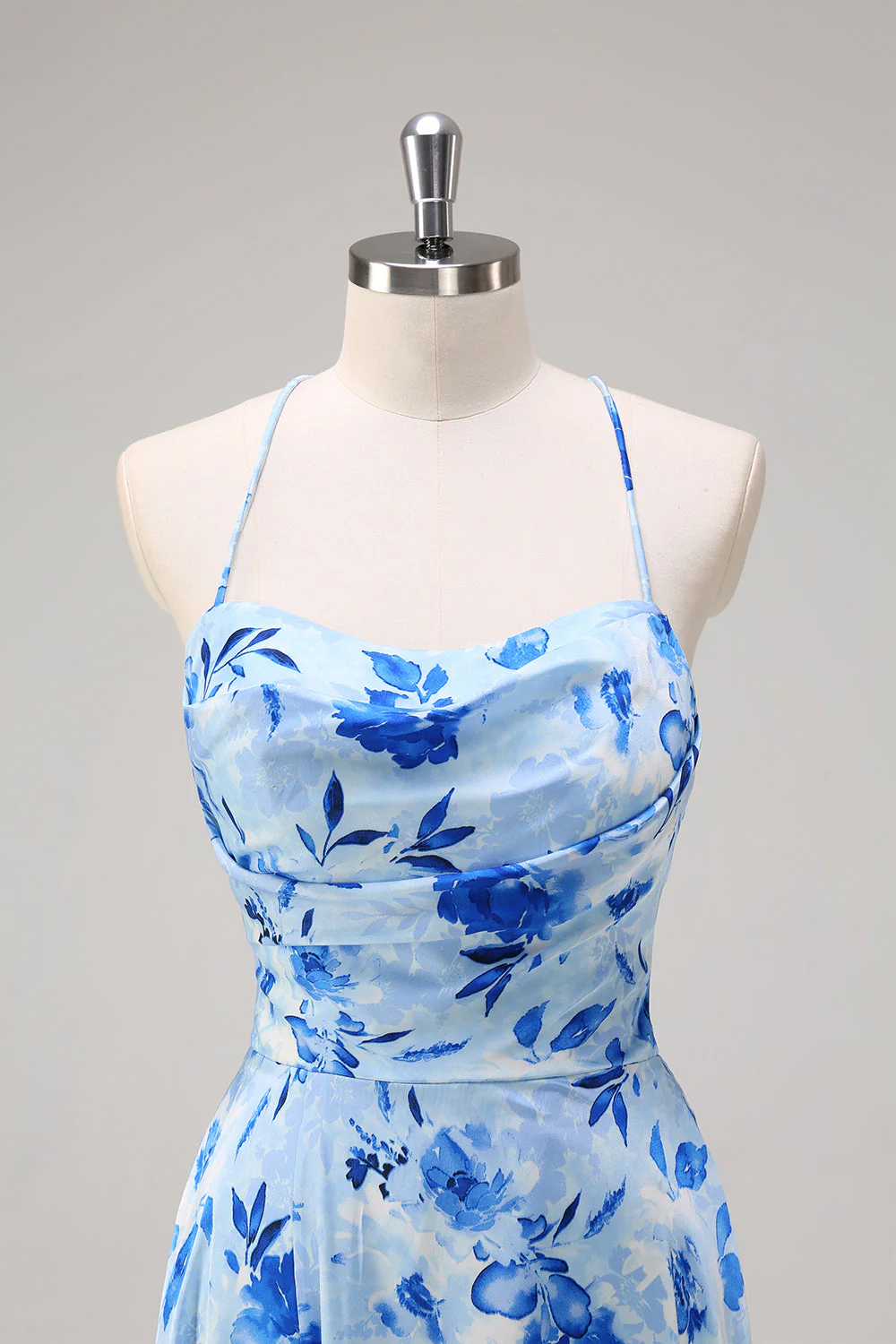 Blue A Line Floral Spaghetti Straps Long Bridesmaid Dress with Slit - Image 5
