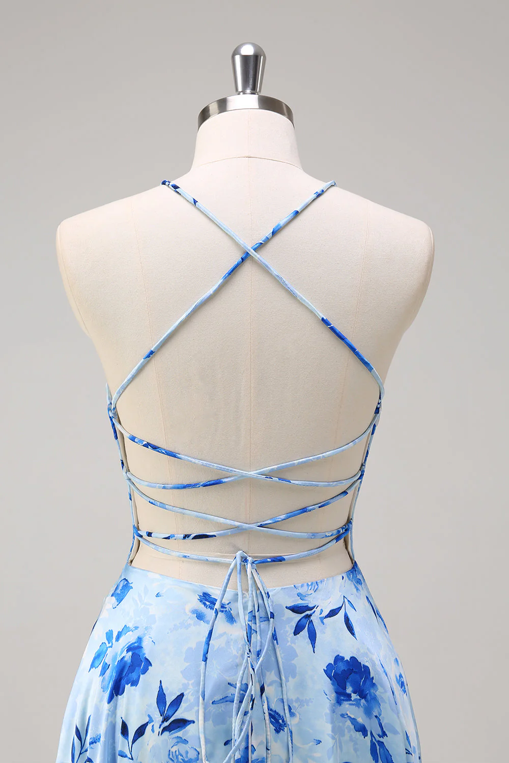 Blue A Line Floral Spaghetti Straps Long Bridesmaid Dress with Slit - Image 6