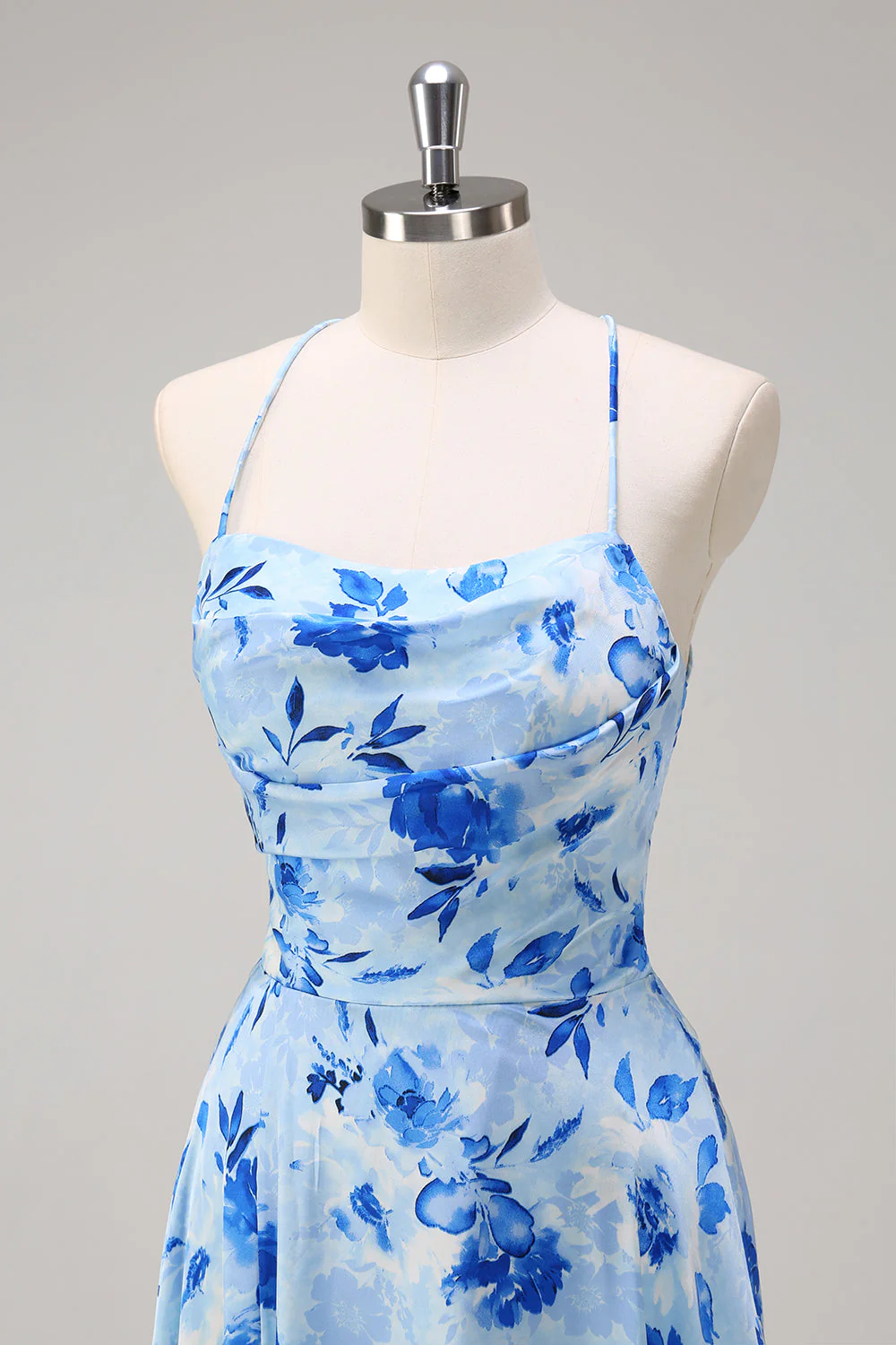Blue A Line Floral Spaghetti Straps Long Bridesmaid Dress with Slit - Image 7