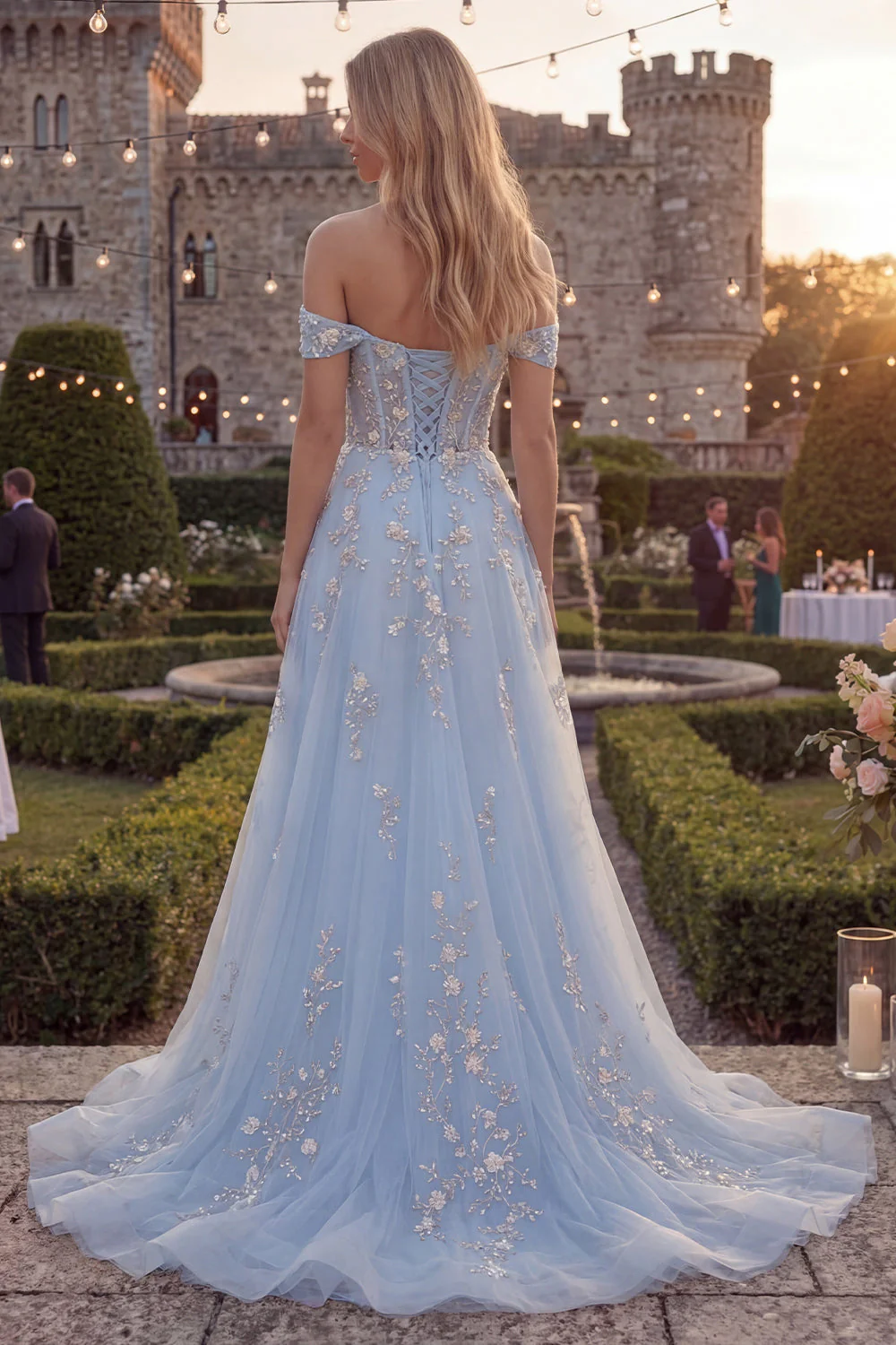 Blue A-Line Off the Shoulder Tulle Corset Long Prom Dress with Appliques - Image 2