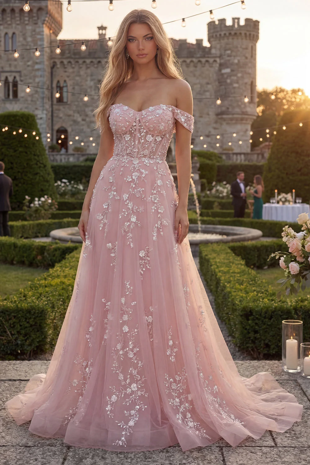 Blue A-Line Off the Shoulder Tulle Corset Long Prom Dress with Appliques - Image 5
