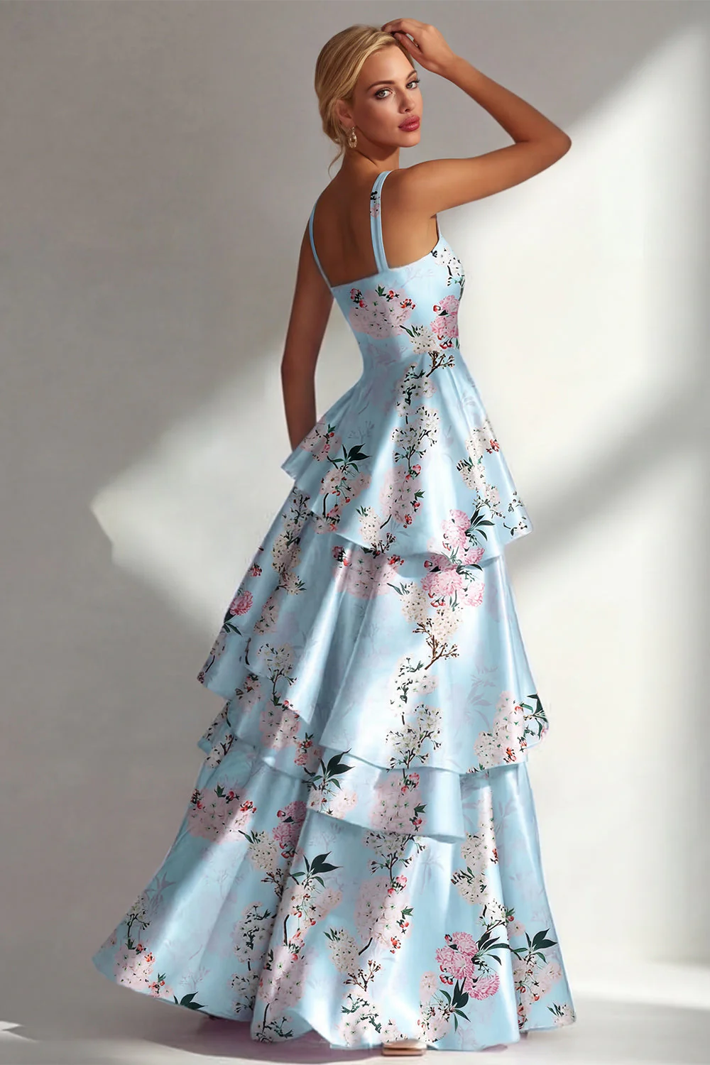 Blue A Line Ruffled Printed Satin Long Floral Dress - Image 2
