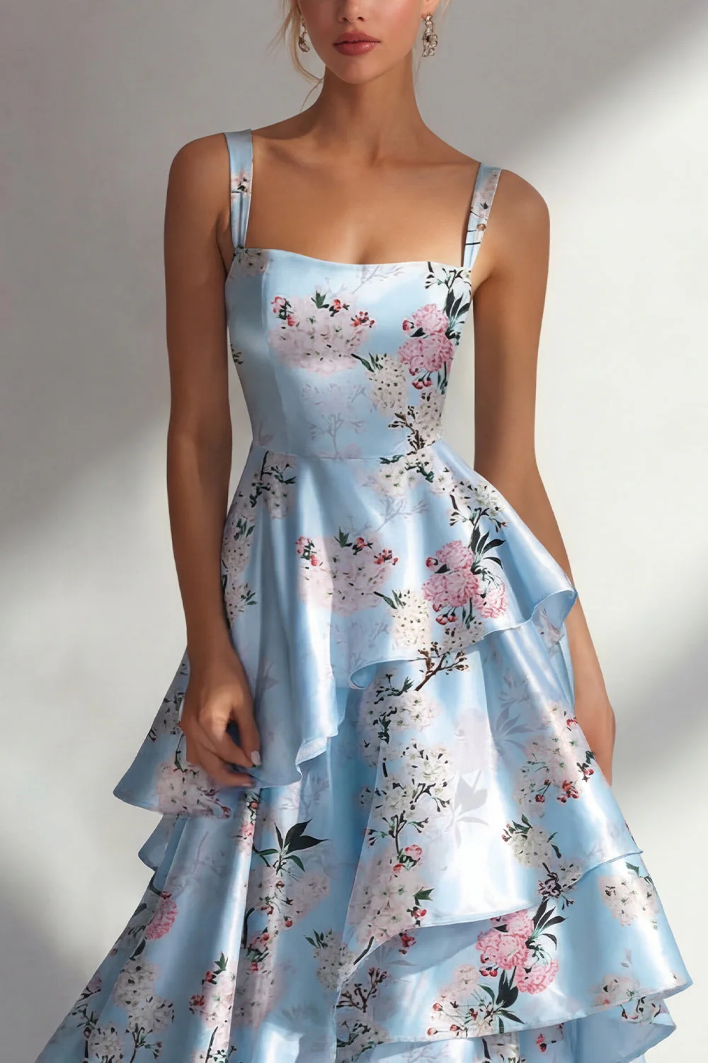 Blue A Line Ruffled Printed Satin Long Floral Dress - Image 3