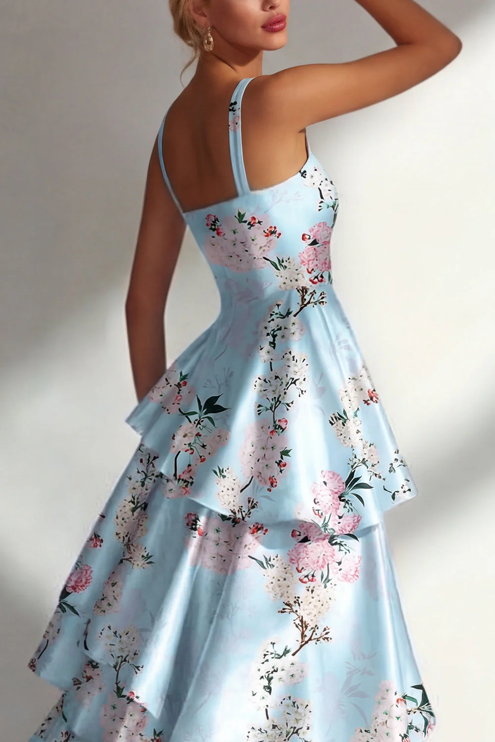 Blue A Line Ruffled Printed Satin Long Floral Dress - Image 4