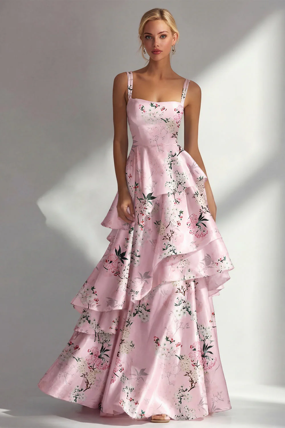 Blue A Line Ruffled Printed Satin Long Floral Dress - Image 5