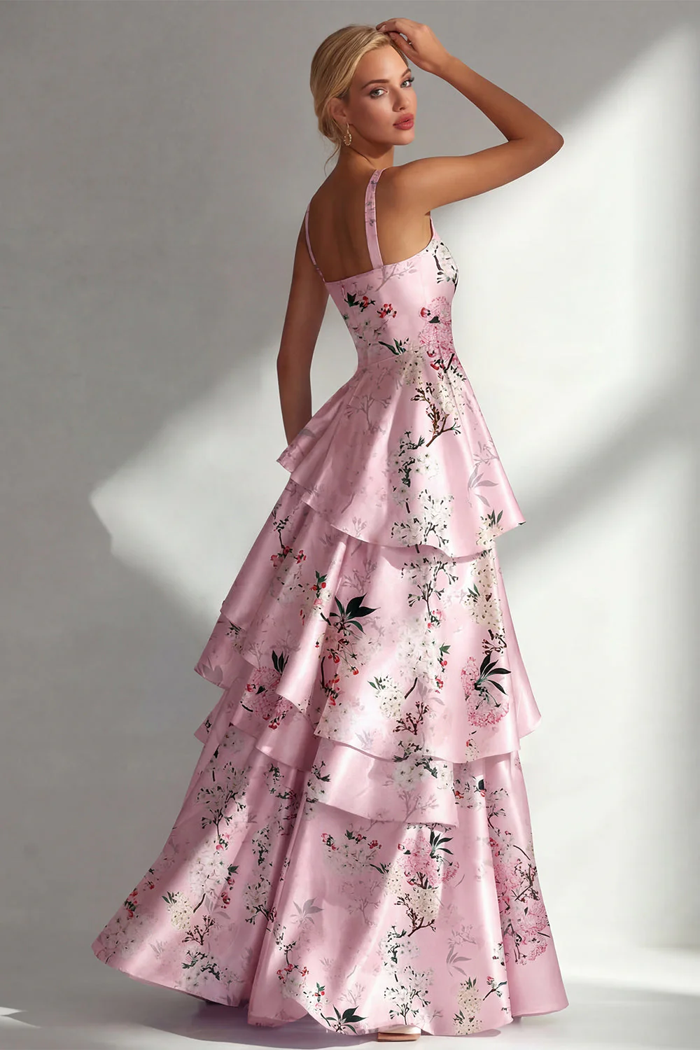 Blue A Line Ruffled Printed Satin Long Floral Dress - Image 6