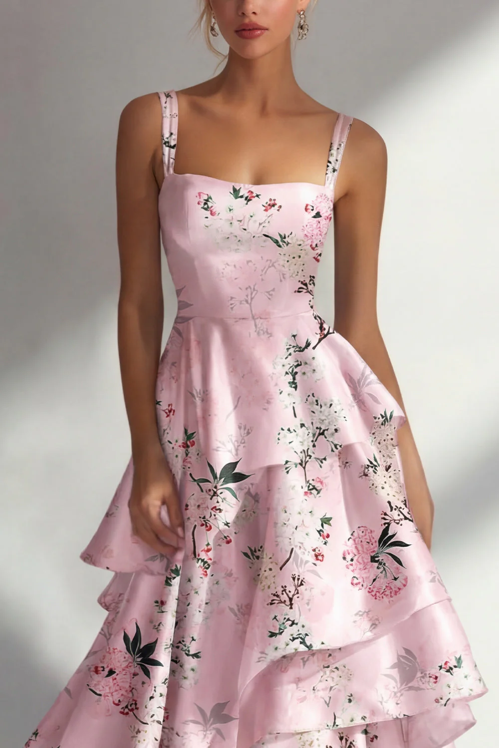 Blue A Line Ruffled Printed Satin Long Floral Dress - Image 7