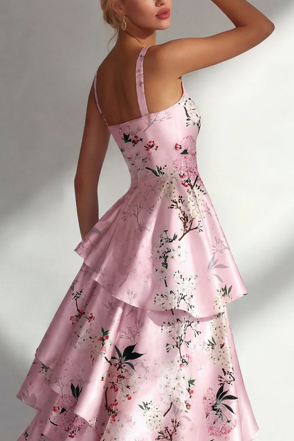Blue A Line Ruffled Printed Satin Long Floral Dress - Image 8