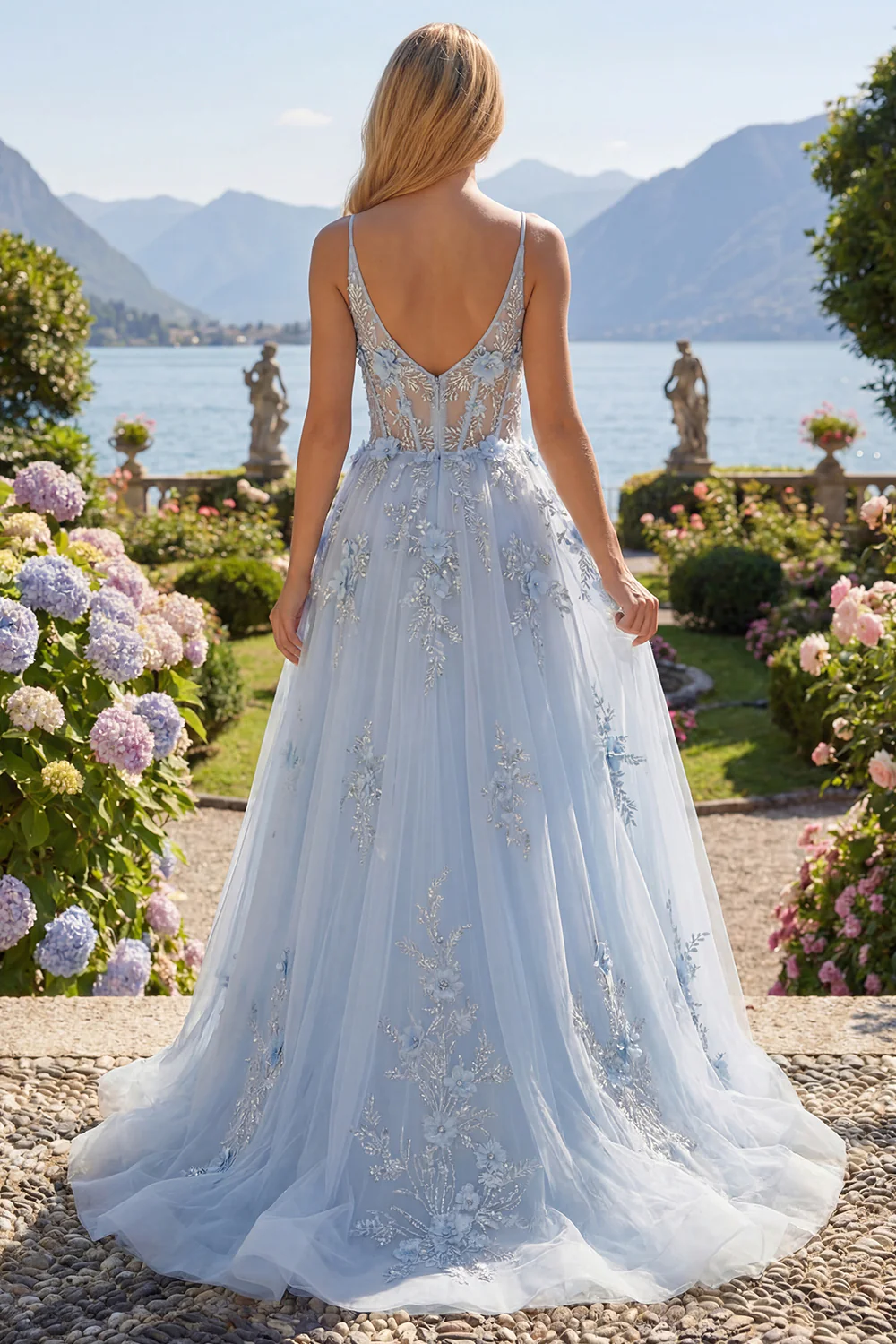 Blue A Line Sheer Corset Spaghetti Straps Long Prom Dress with 3D Flowers - Image 2