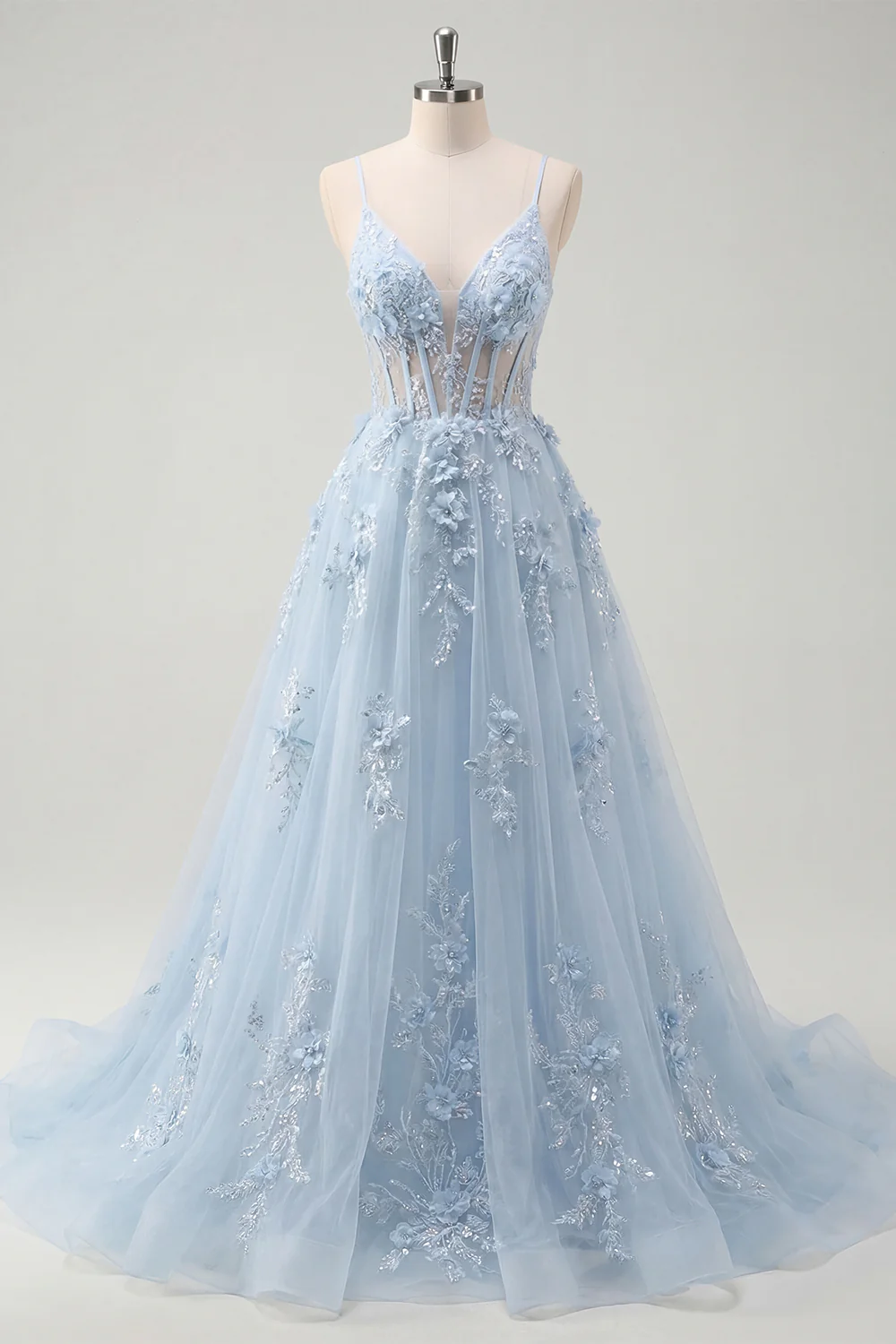 Blue A Line Sheer Corset Spaghetti Straps Long Prom Dress with 3D Flowers - Image 3