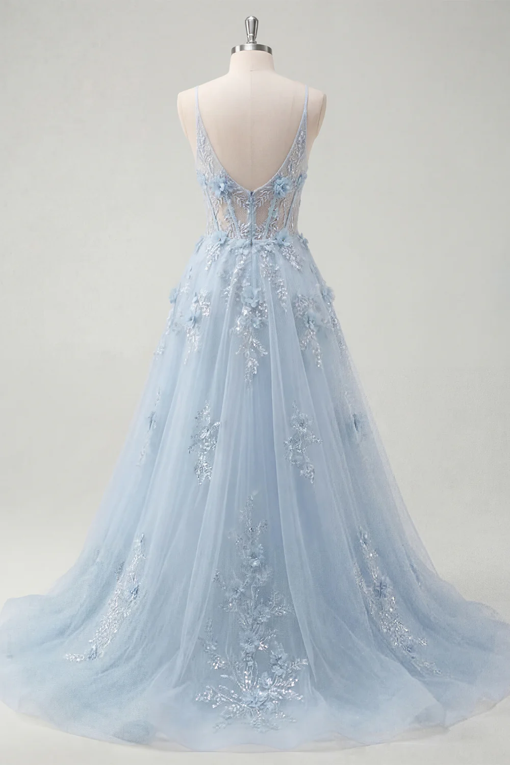 Blue A Line Sheer Corset Spaghetti Straps Long Prom Dress with 3D Flowers - Image 4