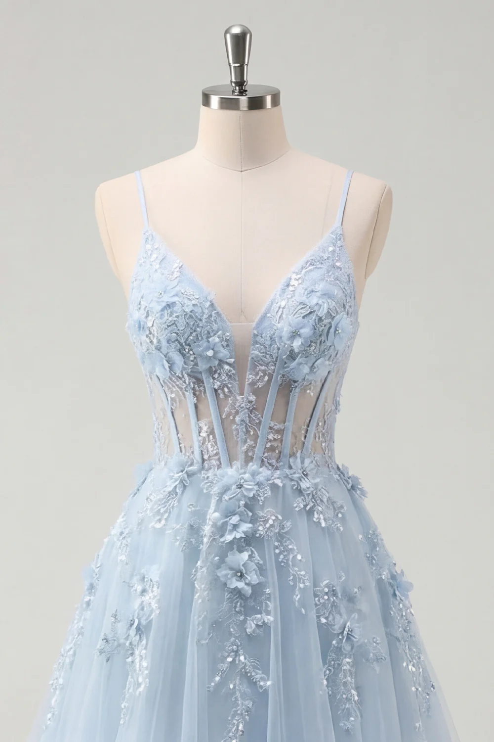 Blue A Line Sheer Corset Spaghetti Straps Long Prom Dress with 3D Flowers - Image 5