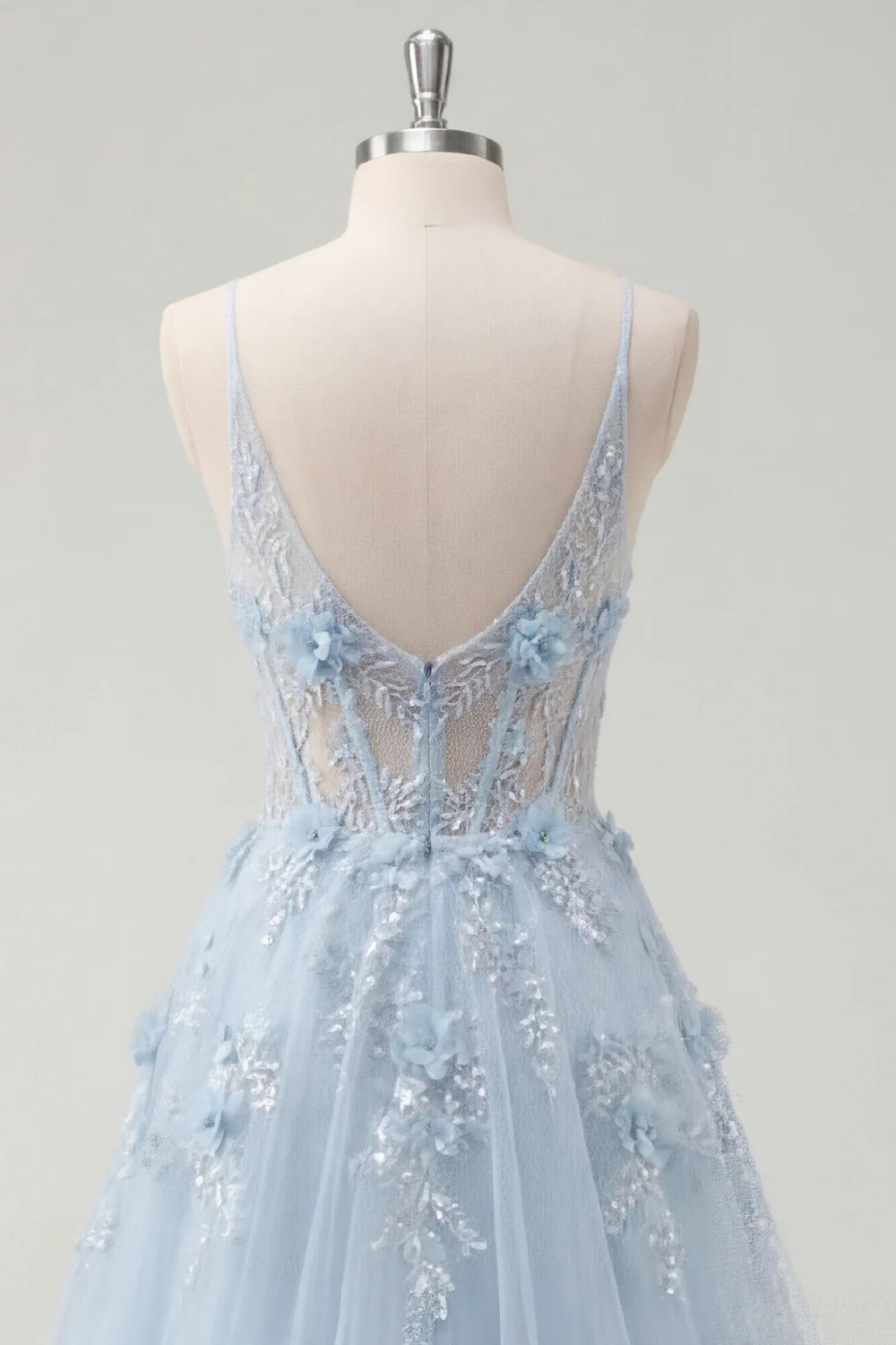 Blue A Line Sheer Corset Spaghetti Straps Long Prom Dress with 3D Flowers - Image 6
