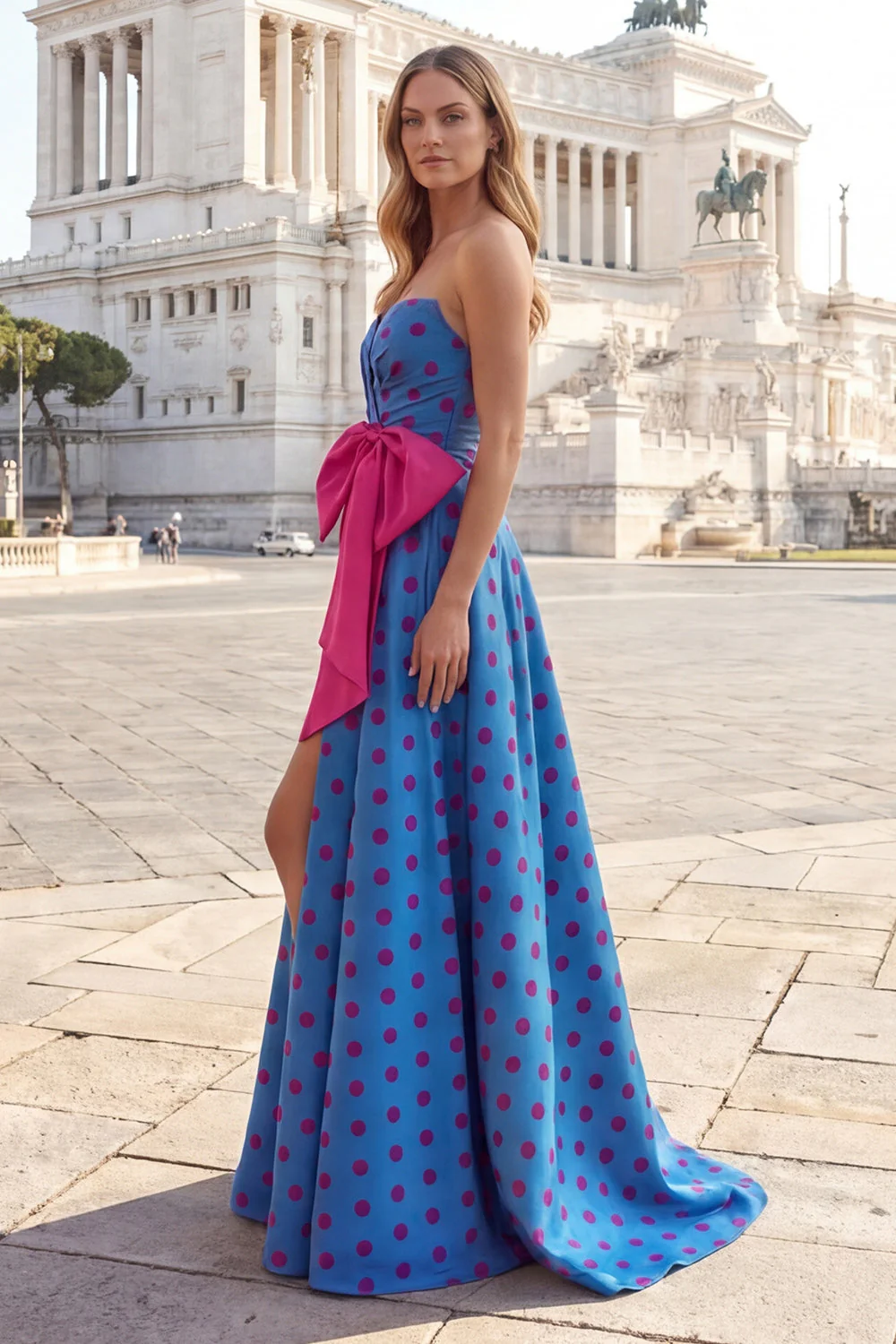 Blue A Line Strapless Bowed Long Polka Dot Dress with Slit - Image 3