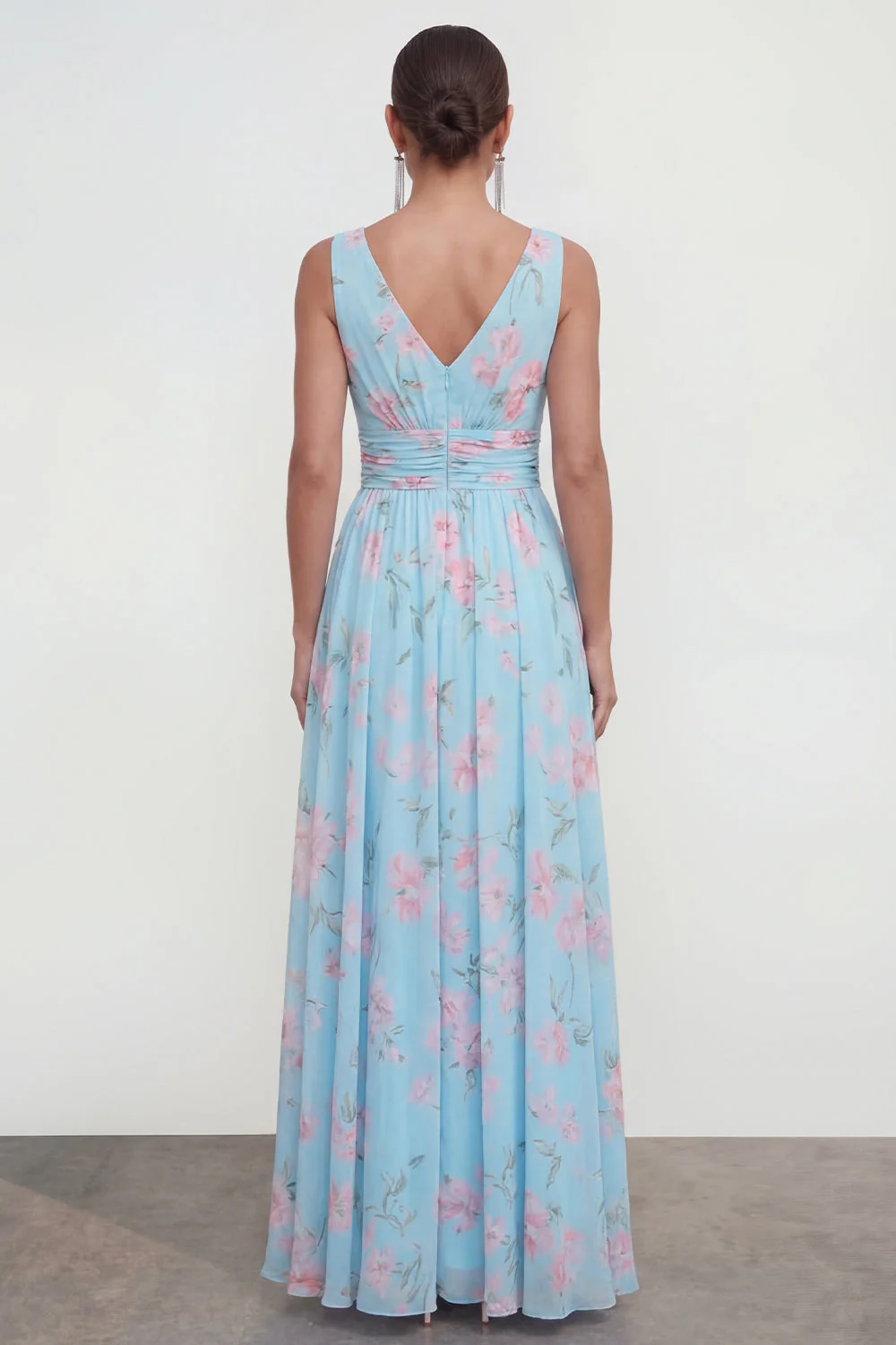Blue A-Line V-Neck Chiffon Floral Maxi Dress - Image 2